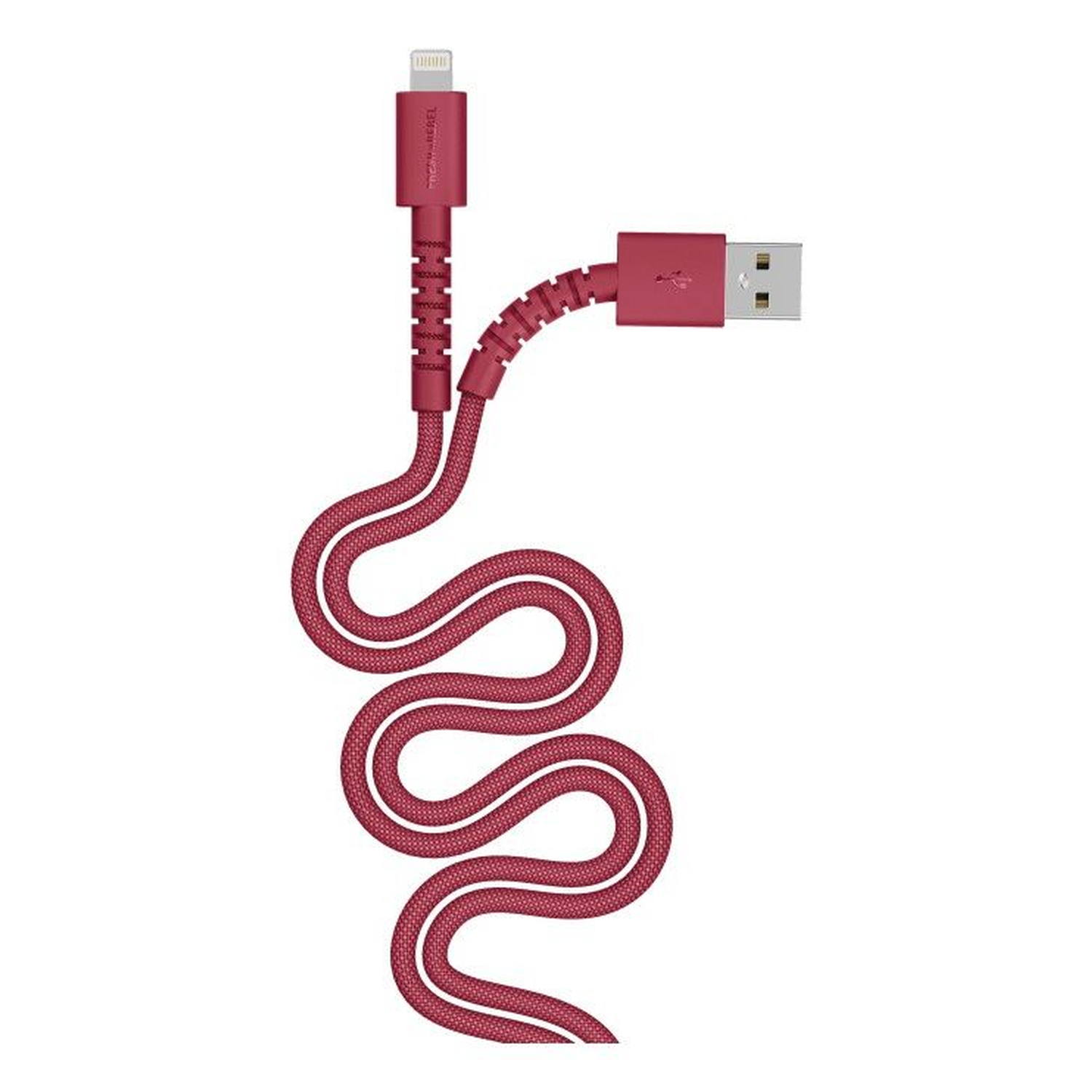 A red and white USB charging cable with lightning and USB connectors, coiled in a wavy pattern, on a white background.