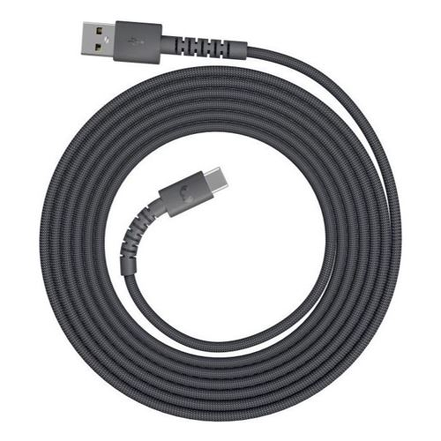 Un câble USB gris foncé avec un connecteur USB-A et USB-C est enroulé. Le câble est sur un fond blanc.