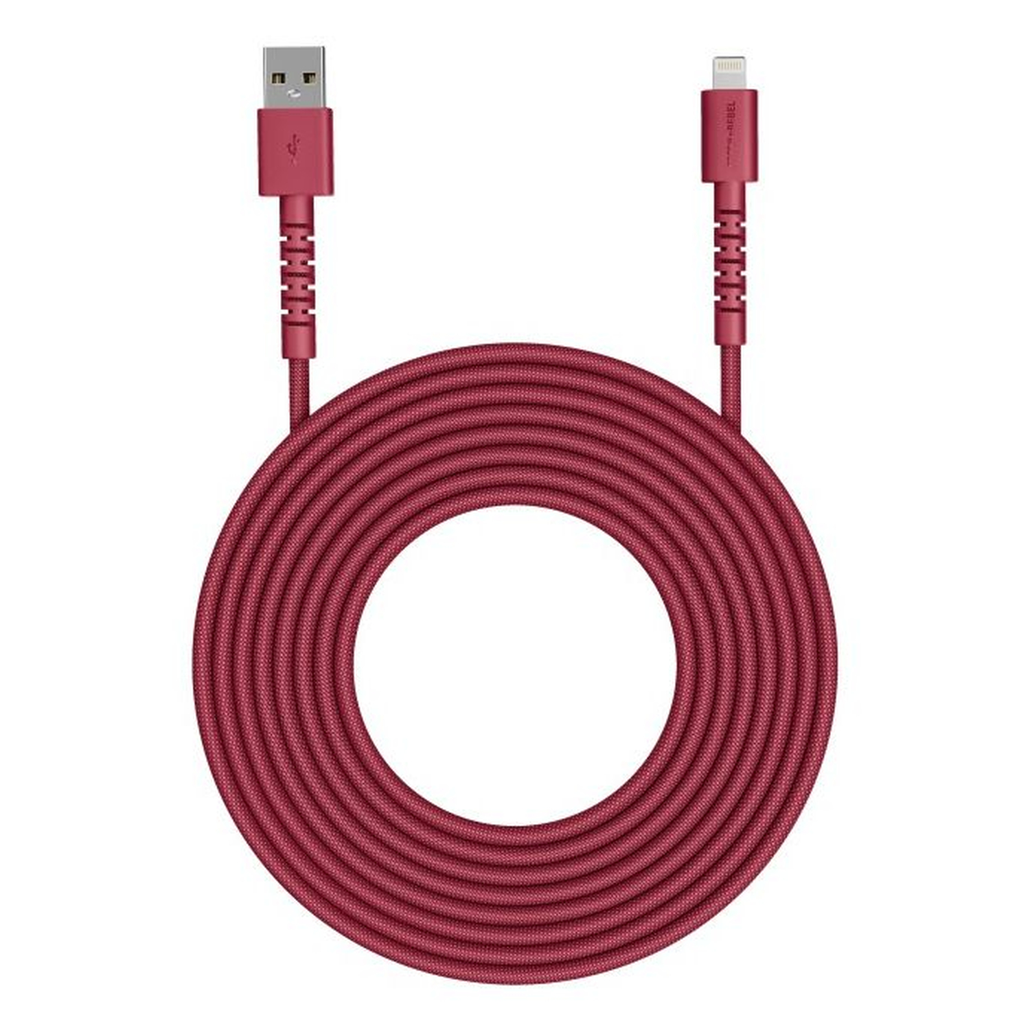 A burgundy USB charging cable coiled in a circle. It has a USB-A connector on one end and a lightning connector on the other.