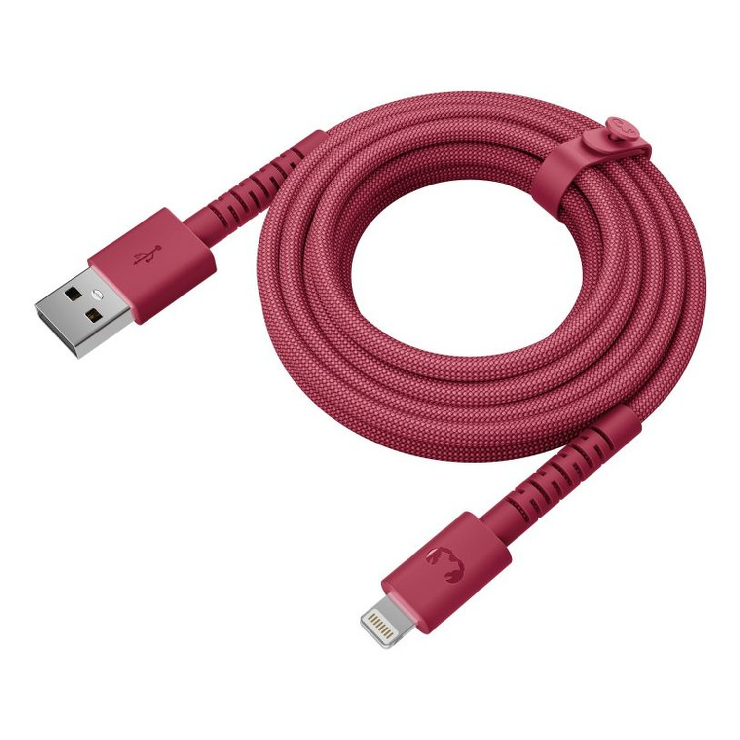 A coiled red USB charging cable with a USB-A connector and a lightning connector. The cable is made of fabric.