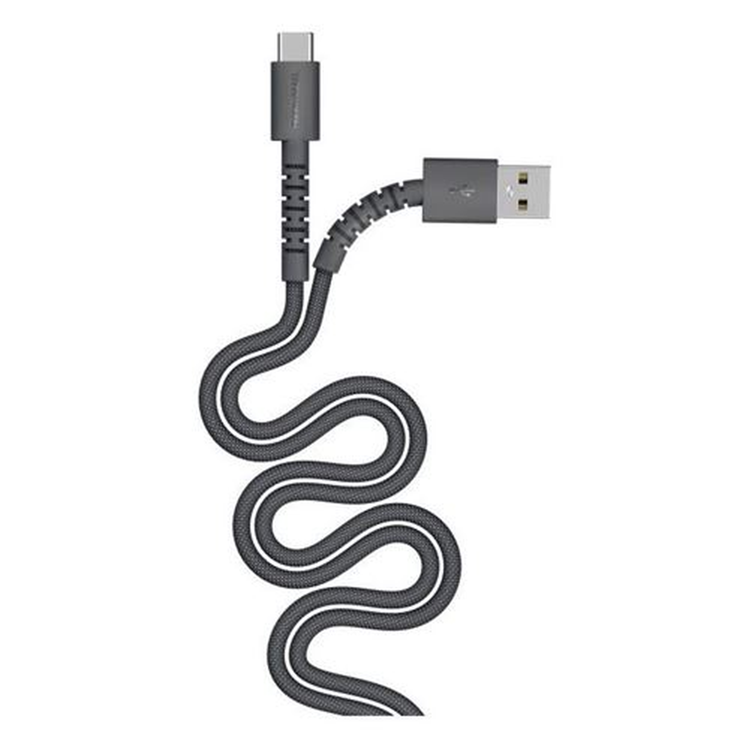 Un câble de charge gris USB-C vers USB-A. Le câble a un design en forme de serpent avec un contour blanc. Les connecteurs aux deux extrémités sont visibles.