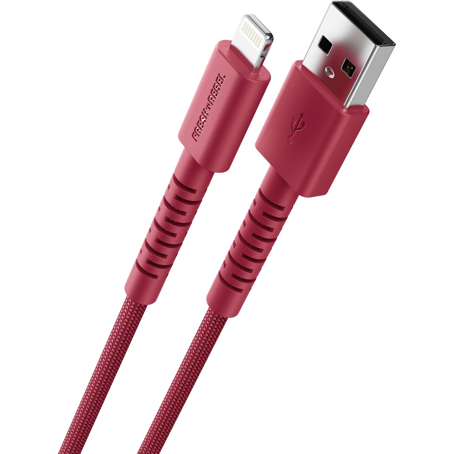 A red USB charging cable with lightning connector. The cable has a textured design and the USB port is silver.