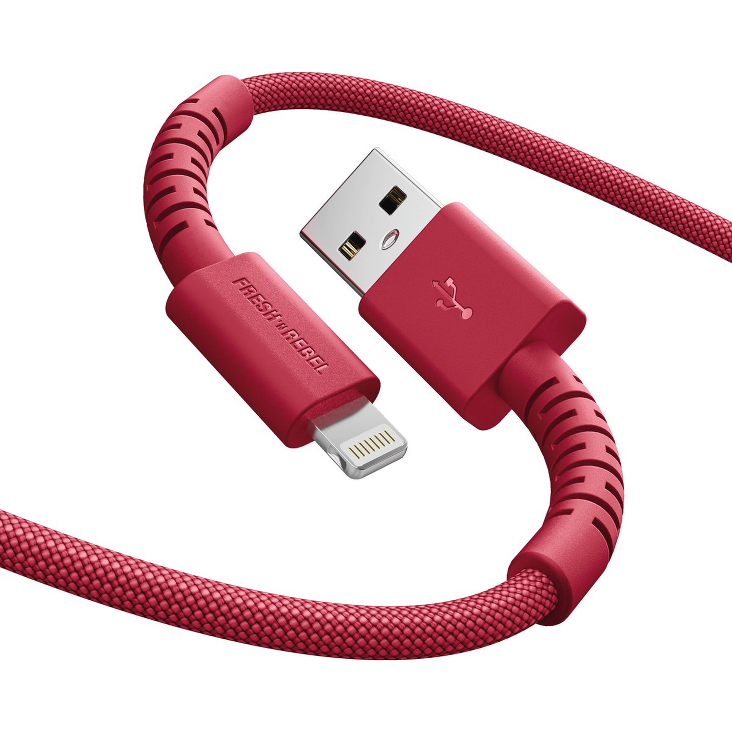 A red USB charging cable with a USB and a Lightning connector. The cable is curved and has a fabric-like texture.