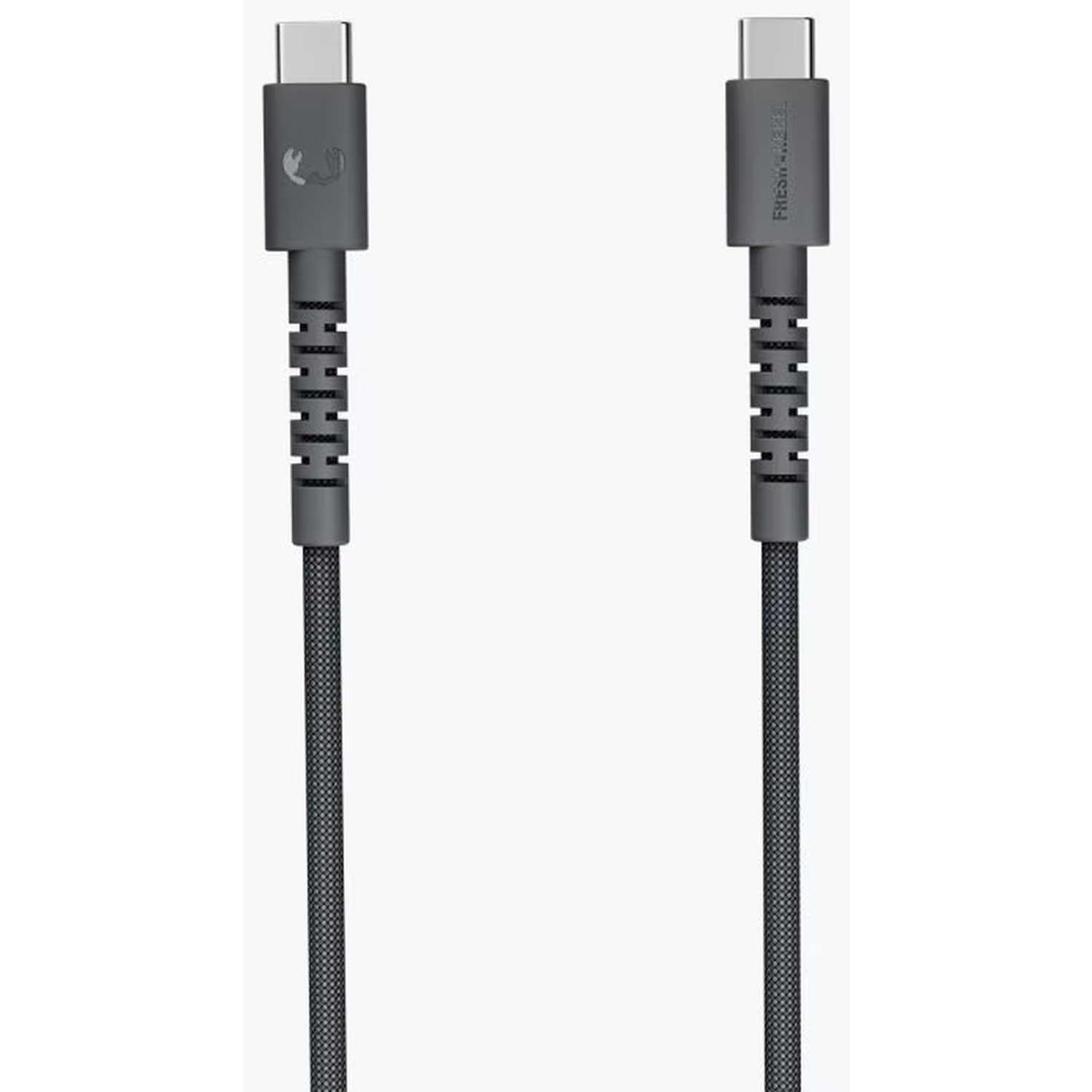 Twee grijze USB-C-kabels. Elk heeft een connector, een geribbeld gedeelte en een gevlochten kabel. Eén is gelabeld met FRESH 'N REBEL.