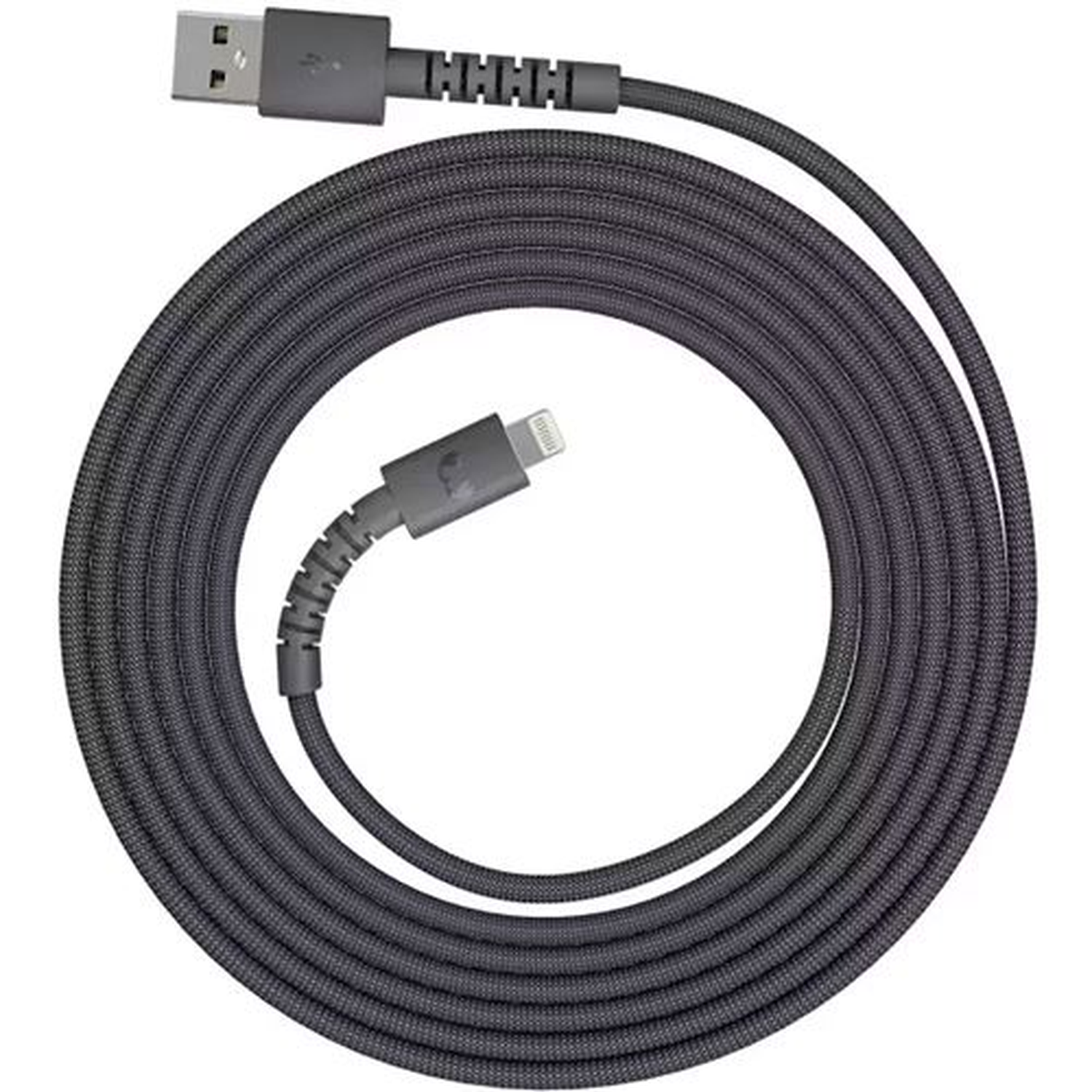A dark gray USB charging cable is coiled. It has a USB end and a lightning connector, both in gray, with a textured cord.