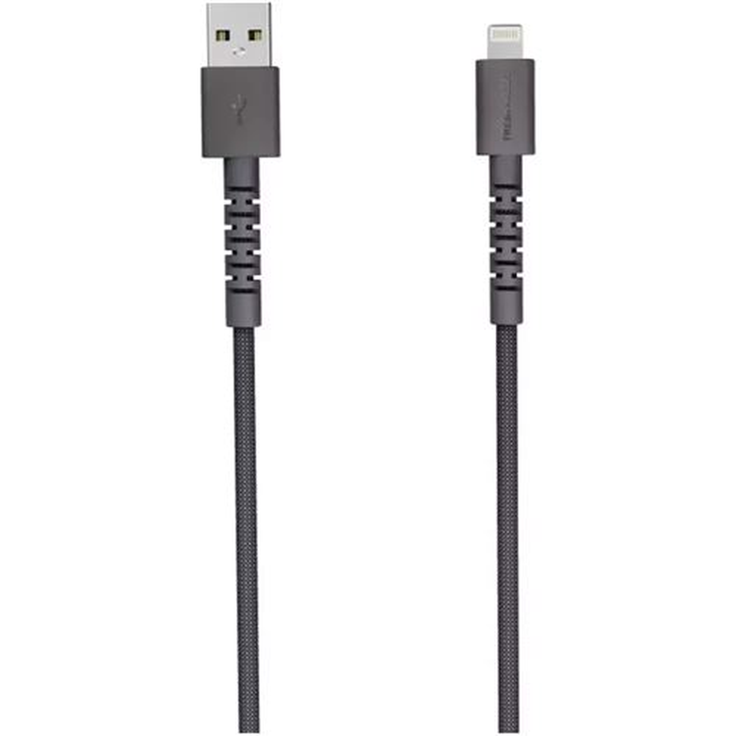 Two dark grey charging cables are displayed vertically. One has a USB connector, the other a lightning connector.