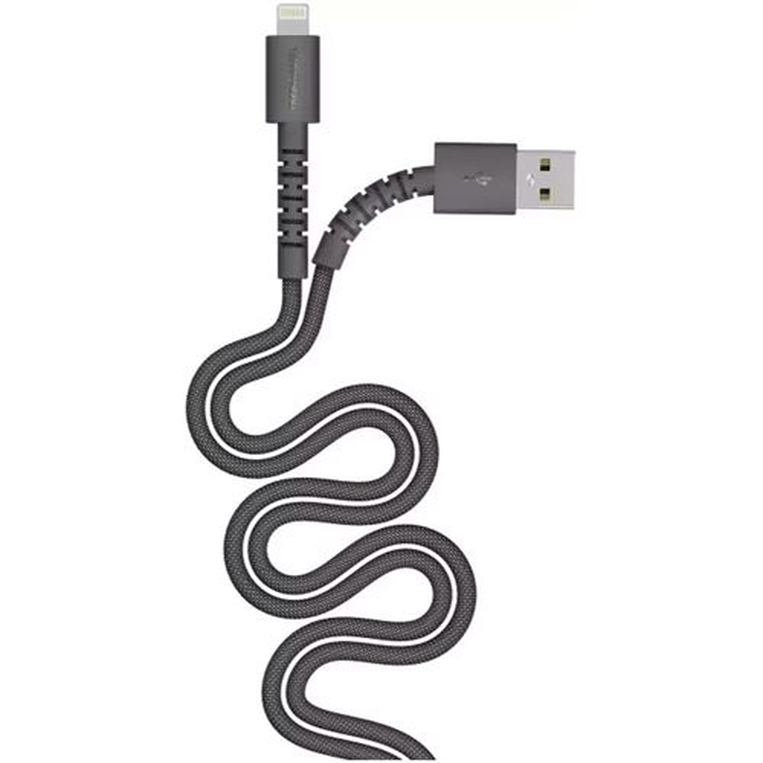 A dark gray charging cable with a USB and lightning connector. The cable is curved in a wavy pattern.
