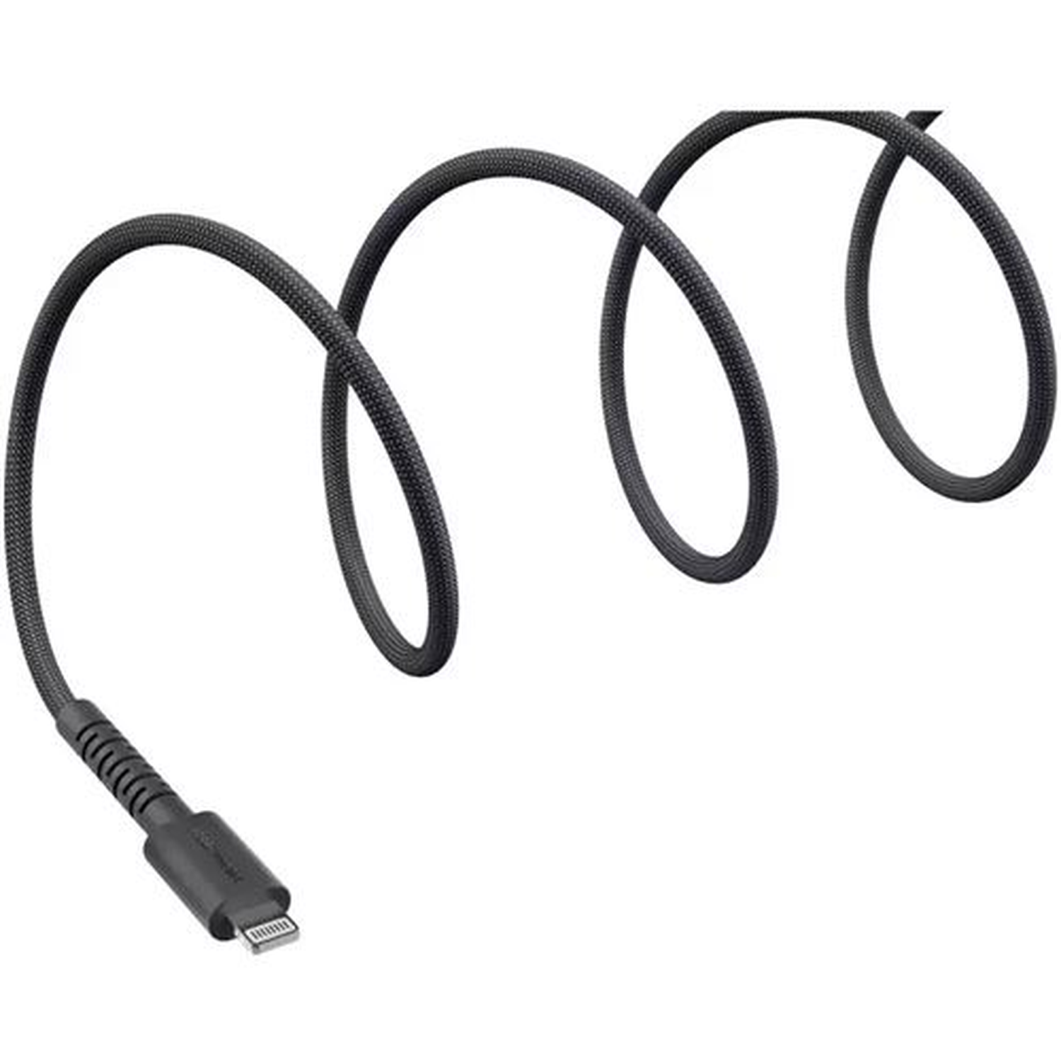 A black charging cable with a connector and a braided cable. The cable is coiled in loops against a white background.