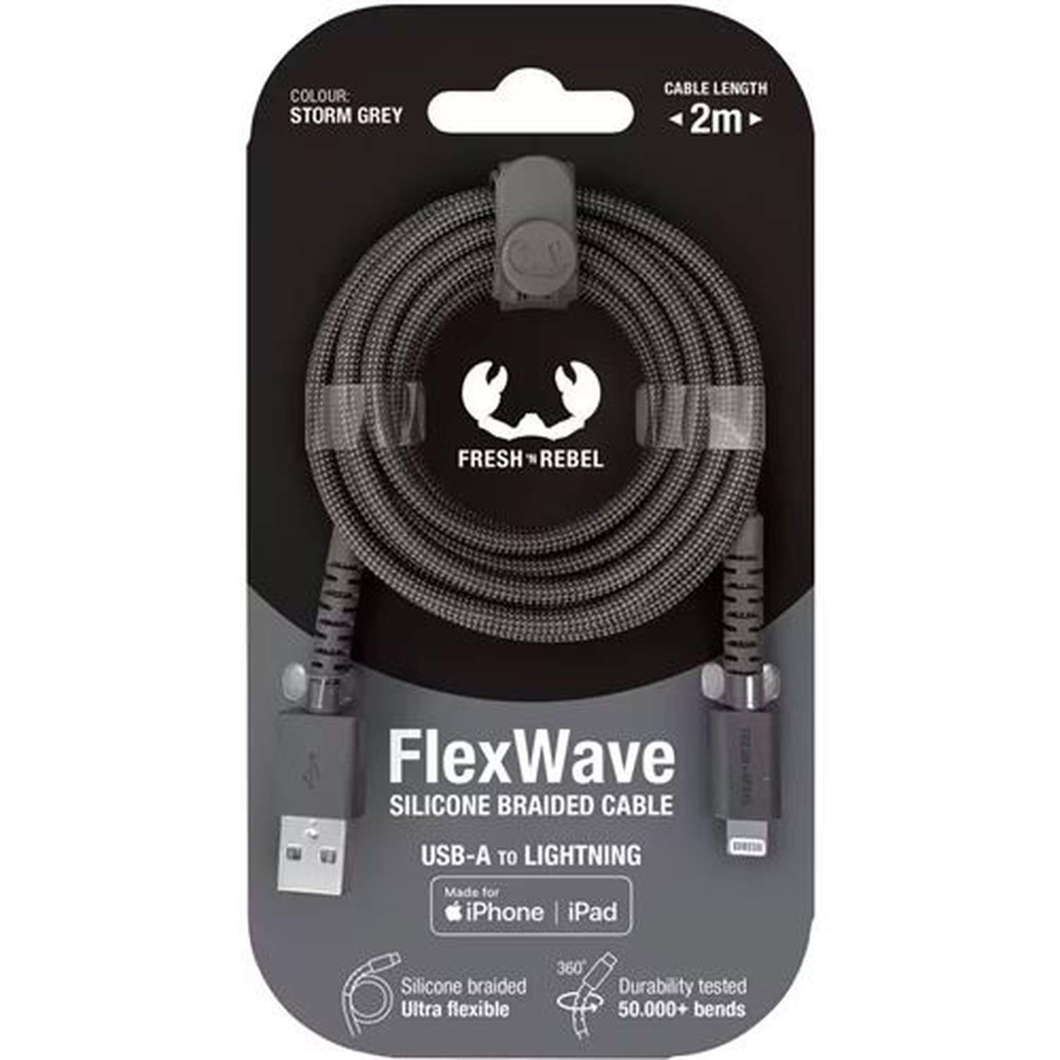A USB-A to Lightning cable in a black package. The cable is storm grey. Brand name is Fresh 'n Rebel.