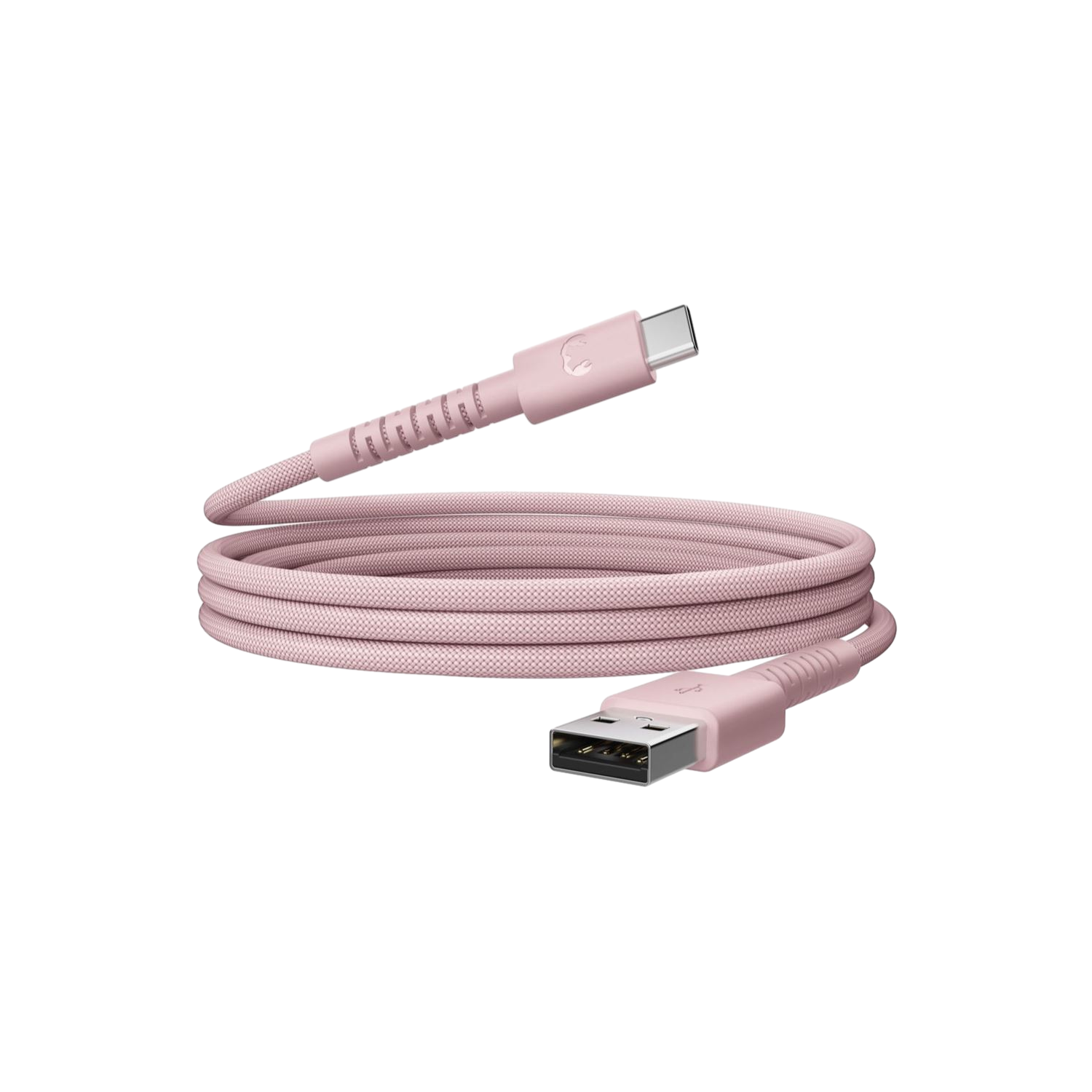 Un câble USB-C rose avec un connecteur USB-A. Le câble est enroulé. Le fond est noir.