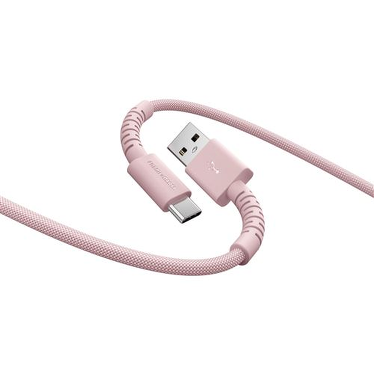 Un câble de charge USB rose avec connecteurs USB-A et USB-C. Le câble est rose clair et a un design texturé.