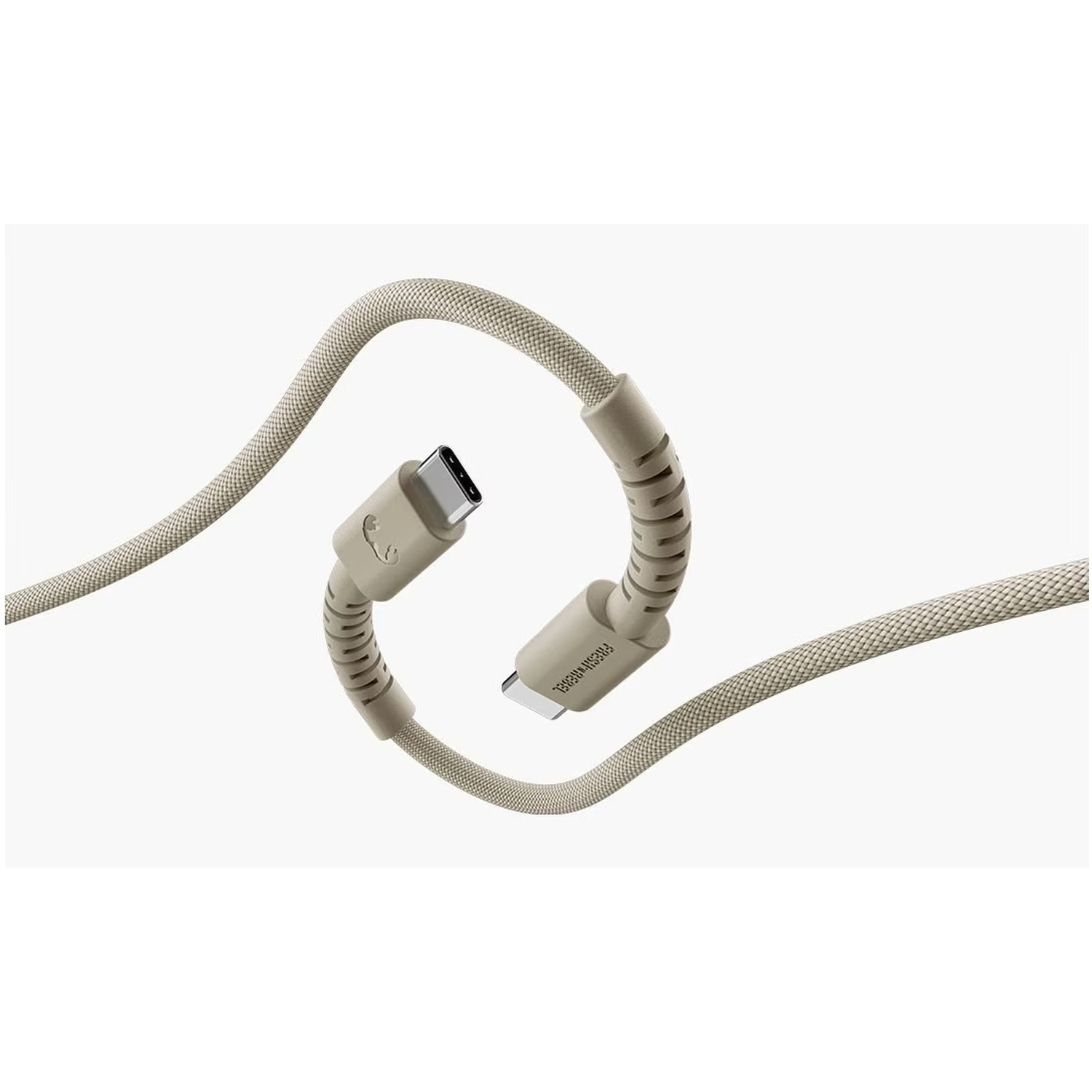 Beige USB-C-kabel opgerold in een acht. Connectoren aan elk uiteinde zijn zichtbaar. De kabel is getextureerd.