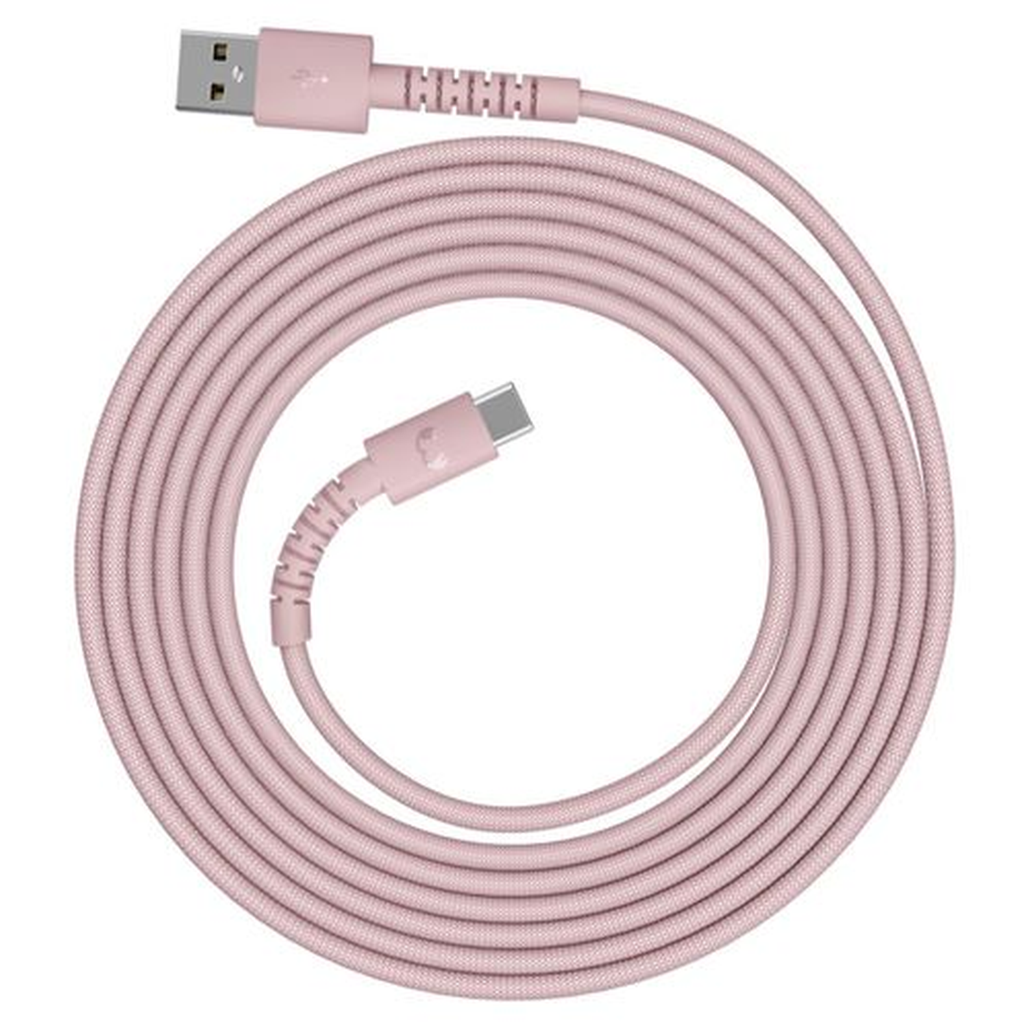 Câble de charge USB-C rose, enroulé. Connecteur USB-A en haut à gauche, USB-C en bas. Câble texturé.