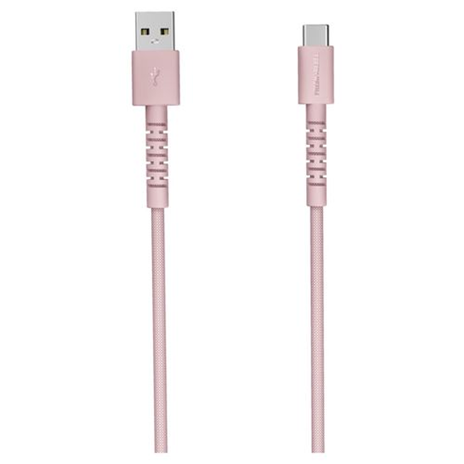 Deux câbles USB roses, un USB-A et un USB-C, sont présentés sur fond blanc. Les deux ont des serre-câbles texturés.