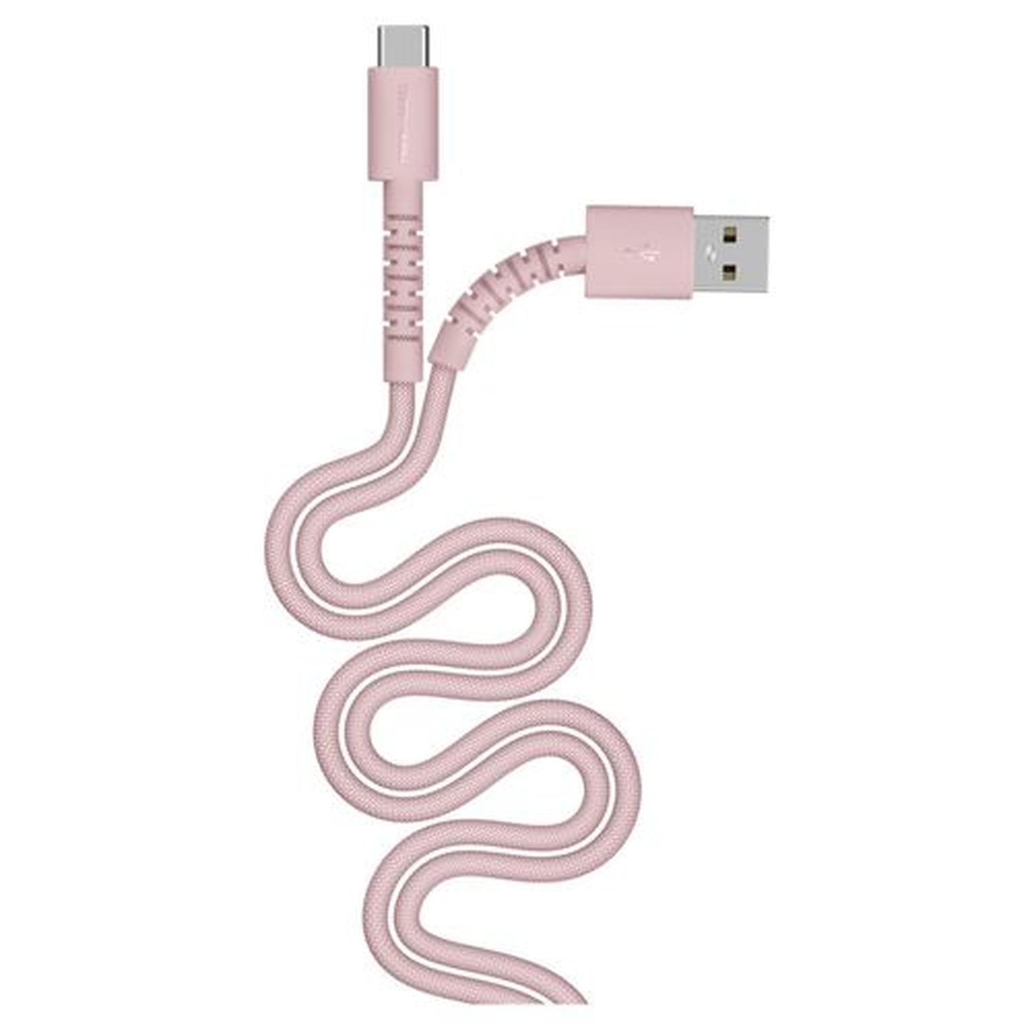 Un câble USB rose avec un connecteur USB-C et un connecteur USB standard. Le câble est en forme de vagues.