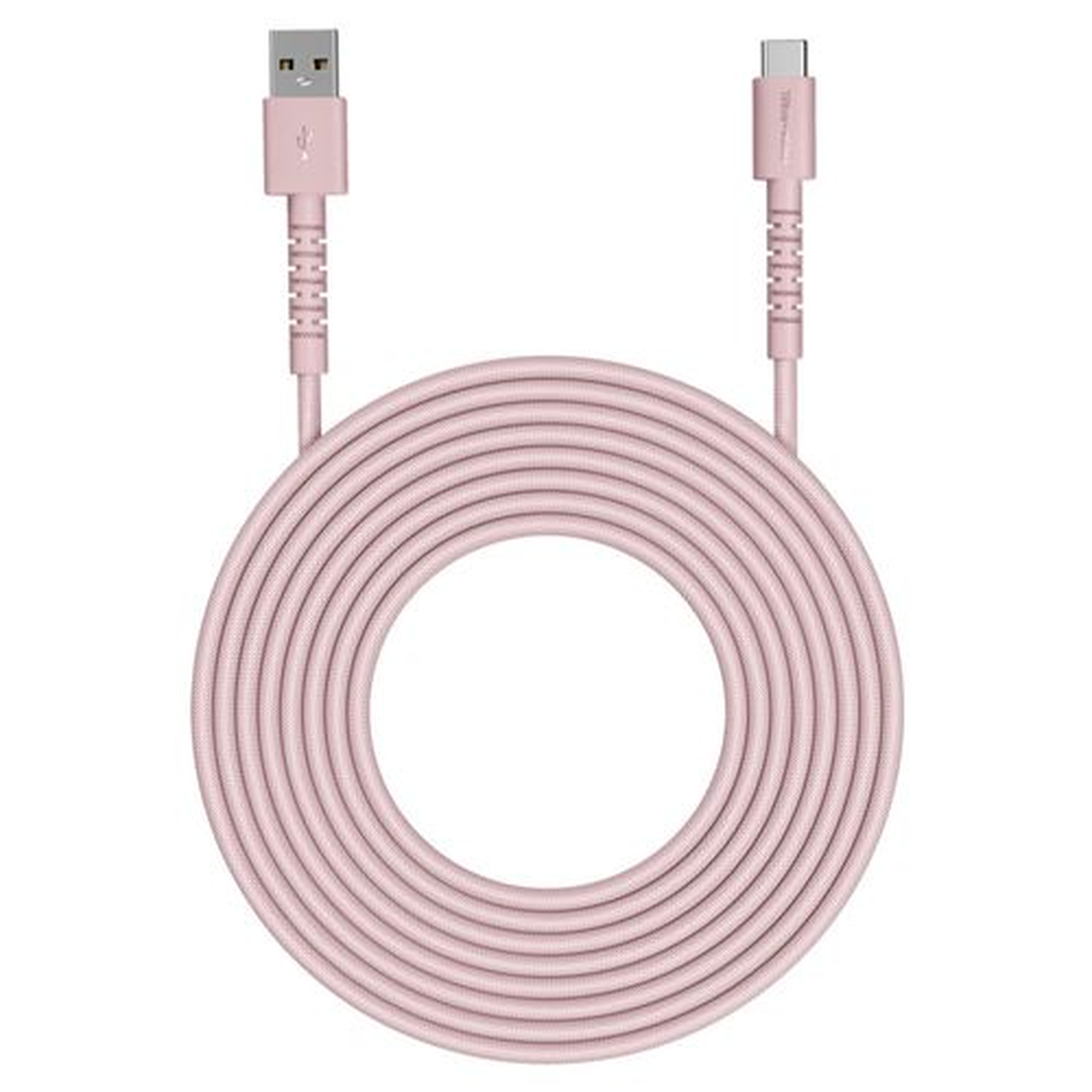 Un câble USB rose avec un connecteur USB-A à une extrémité et USB-C à l'autre. Le câble est enroulé en cercle.