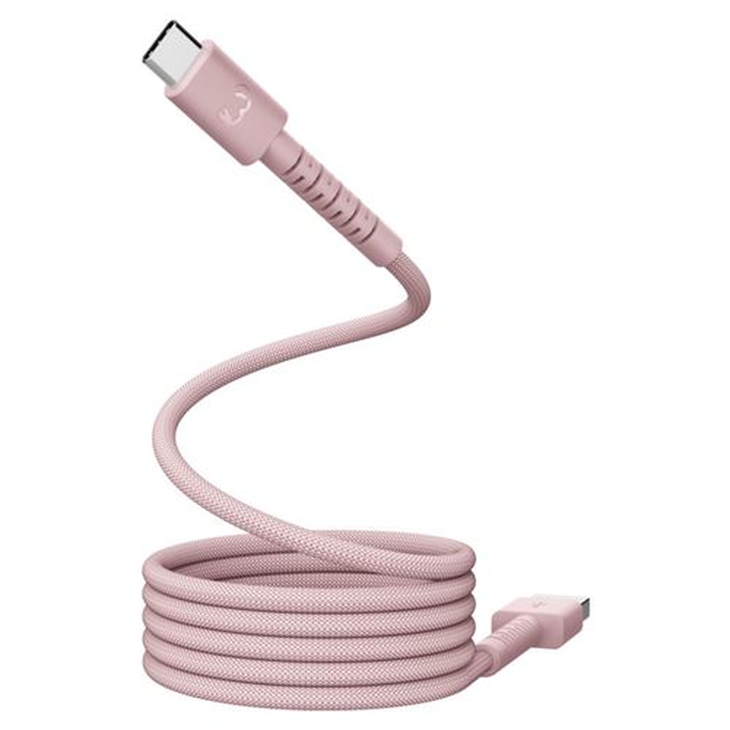 Un câble de chargement USB-C rose. Le câble est enroulé en bas, avec un connecteur à chaque extrémité. Le fond est blanc.