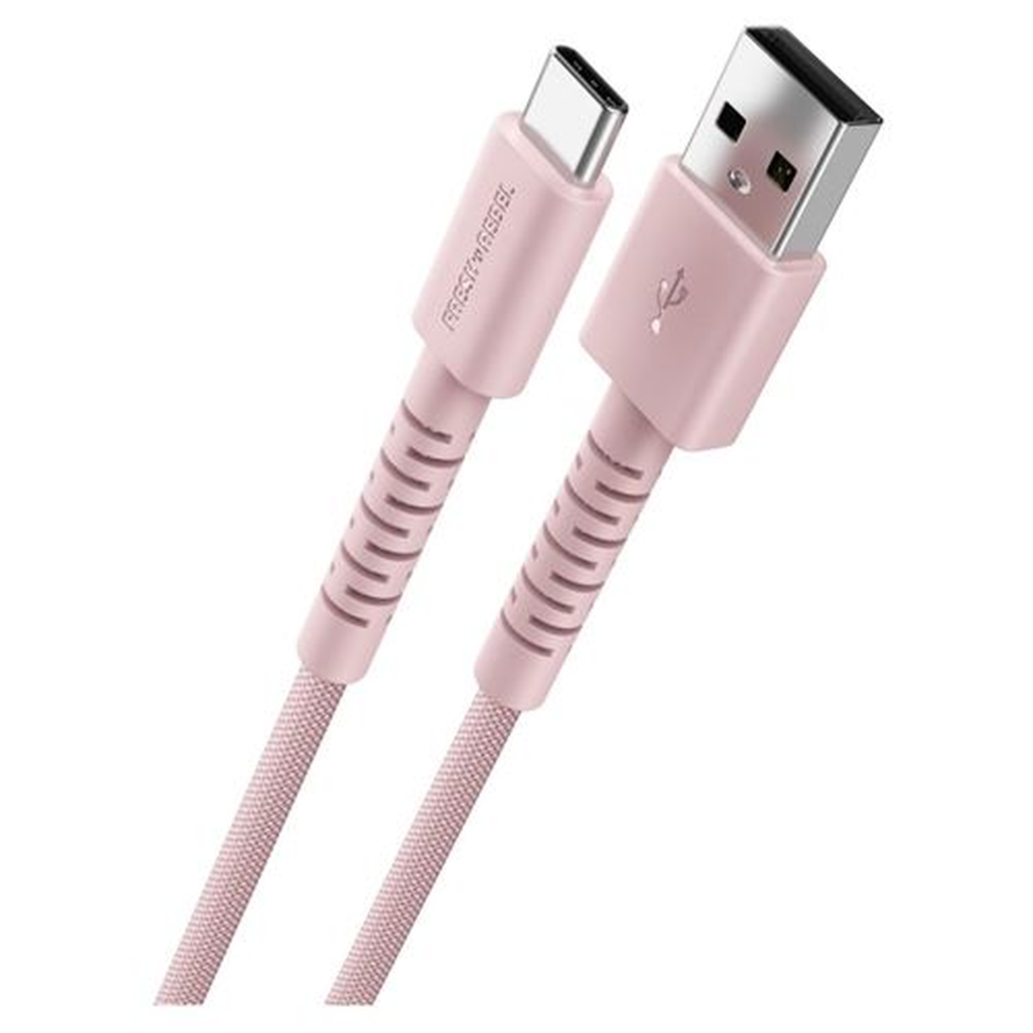 Un câble rose USB-C vers USB-A. Le câble est rose avec un design texturé. Le connecteur USB-A est argenté.