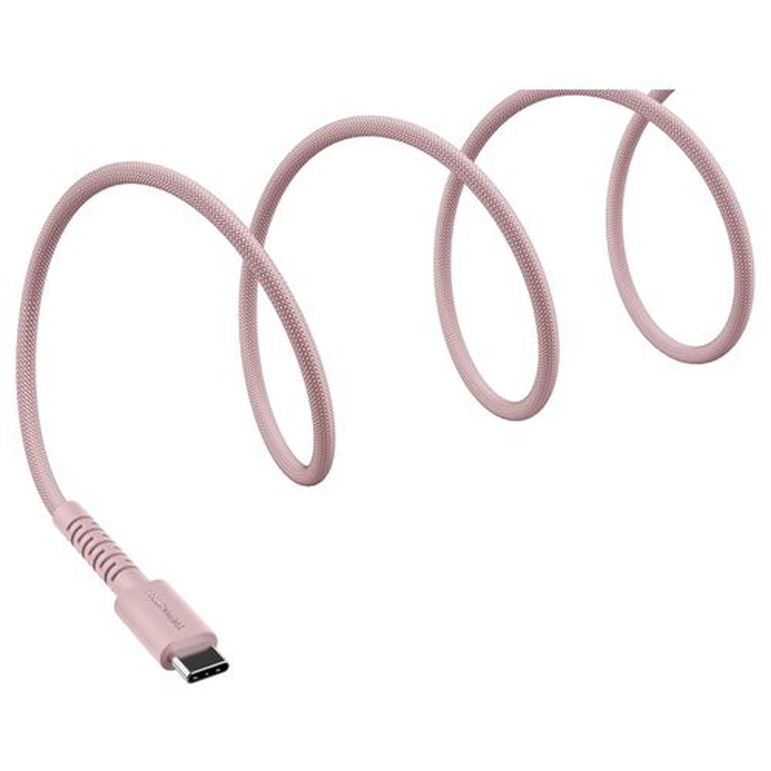 Un câble de chargement USB-C rose, enroulé et connecté. Le câble a une texture tissée et est sur fond blanc.