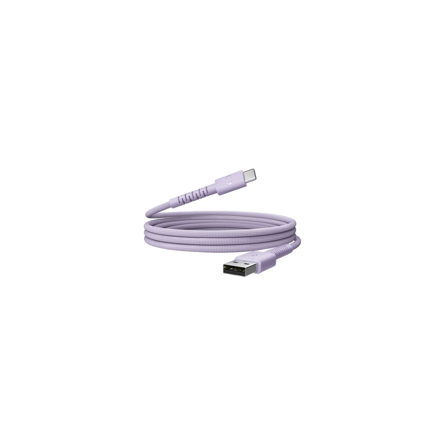 Un câble USB violet clair enroulé sur fond noir. Il possède un connecteur USB-A et USB-C.