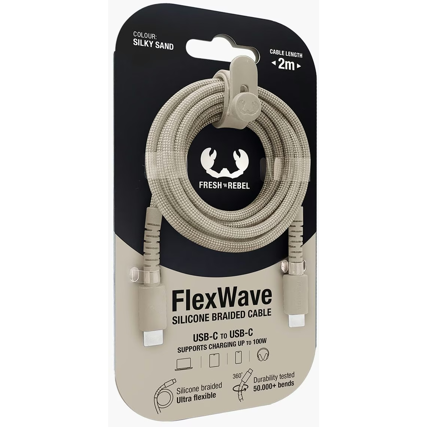 Een gevlochten USB-C-kabel op een kaart. De kabel is zijdezandkleurig. Op de verpakking staat FlexWave siliconen gevlochten kabel.