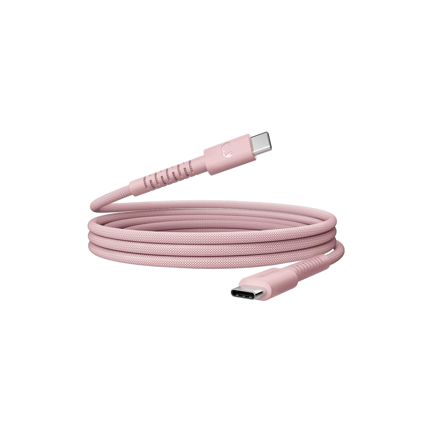 Een roze USB-C oplaadkabel op een zwarte achtergrond. De kabel is opgerold en heeft twee connectoren.