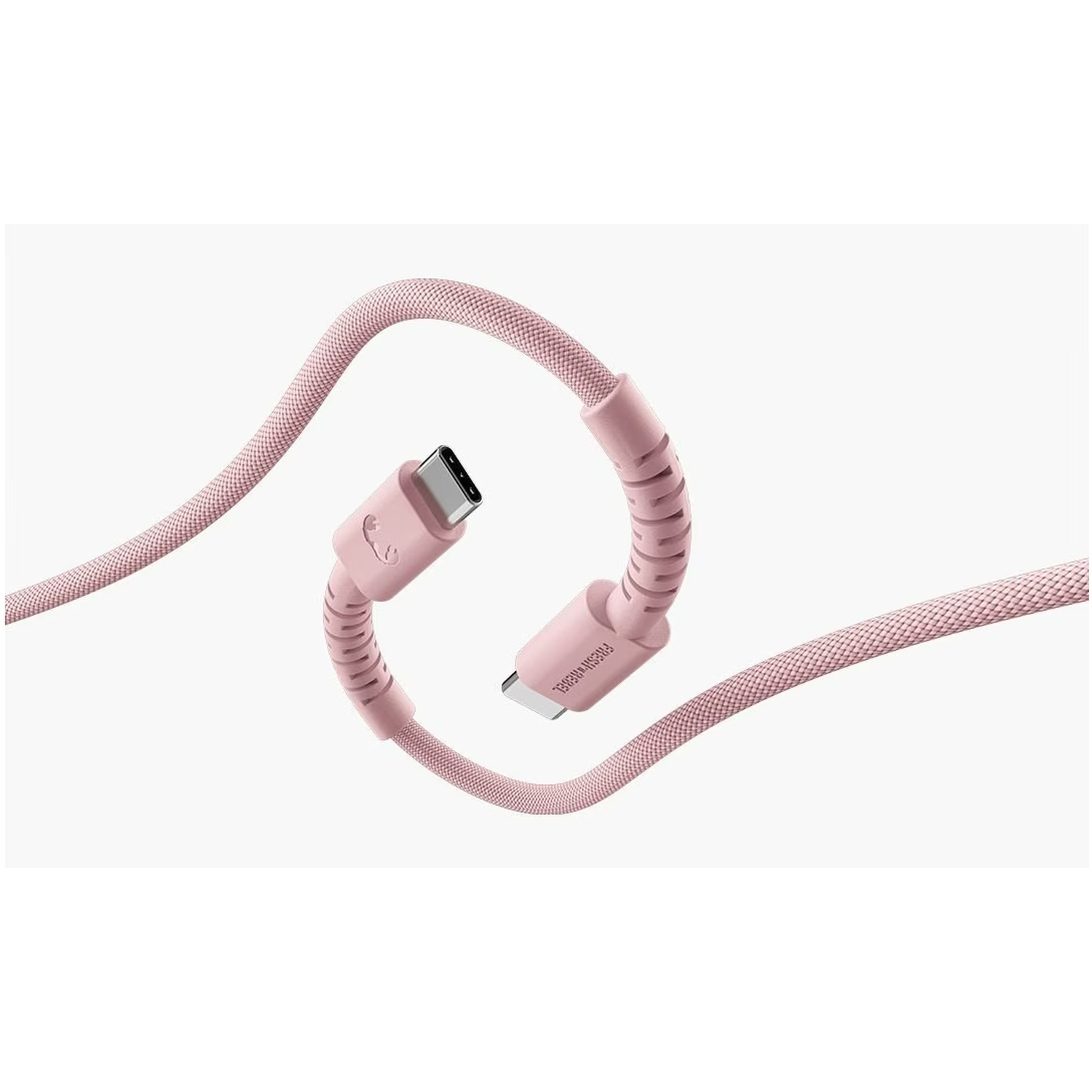 Een roze USB-C-kabel met een geweven textuur wordt getoond tegen een witte achtergrond. De kabel is gebogen en toont beide uiteinden.