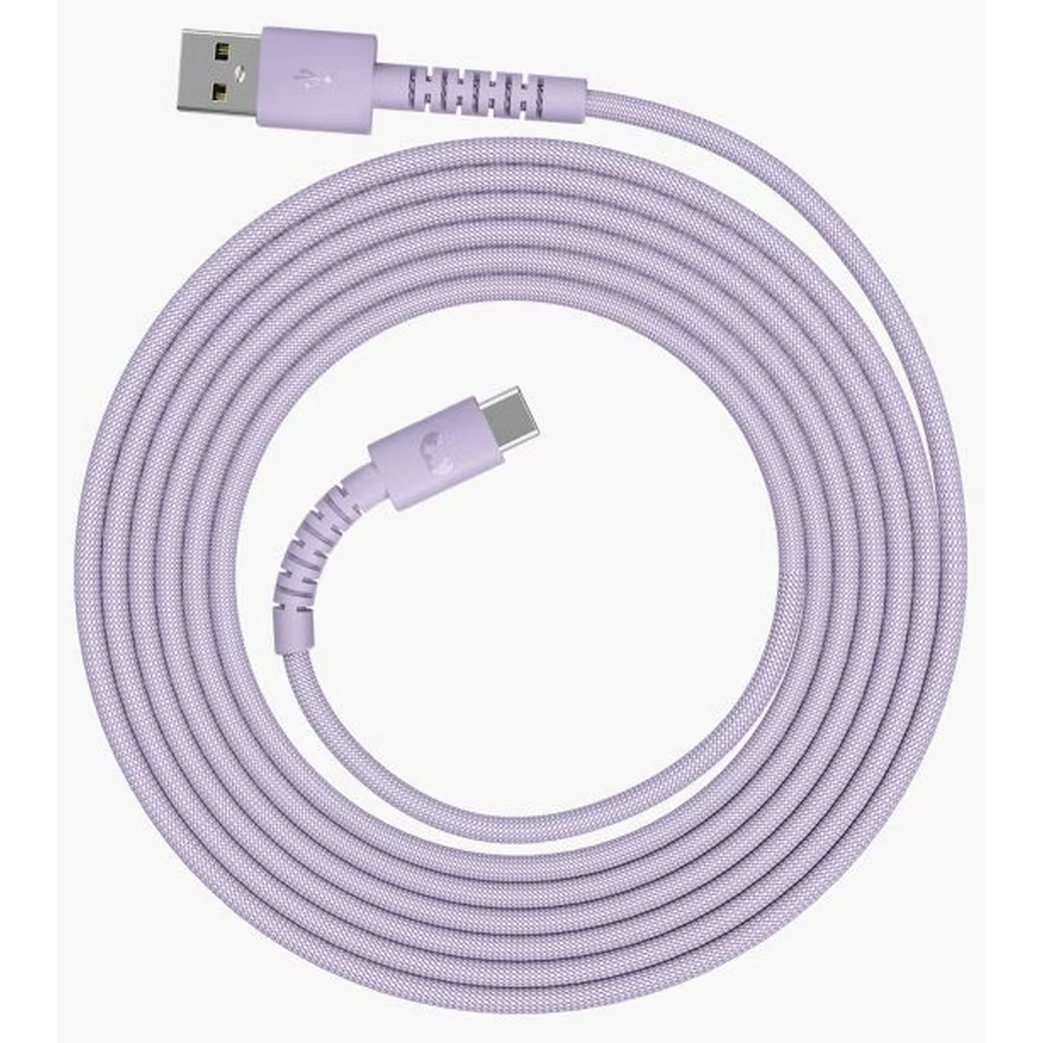 Un câble USB-C lavande enroulé. Connecteur USB-A en haut, USB-C en bas. Le câble est recouvert de tissu.