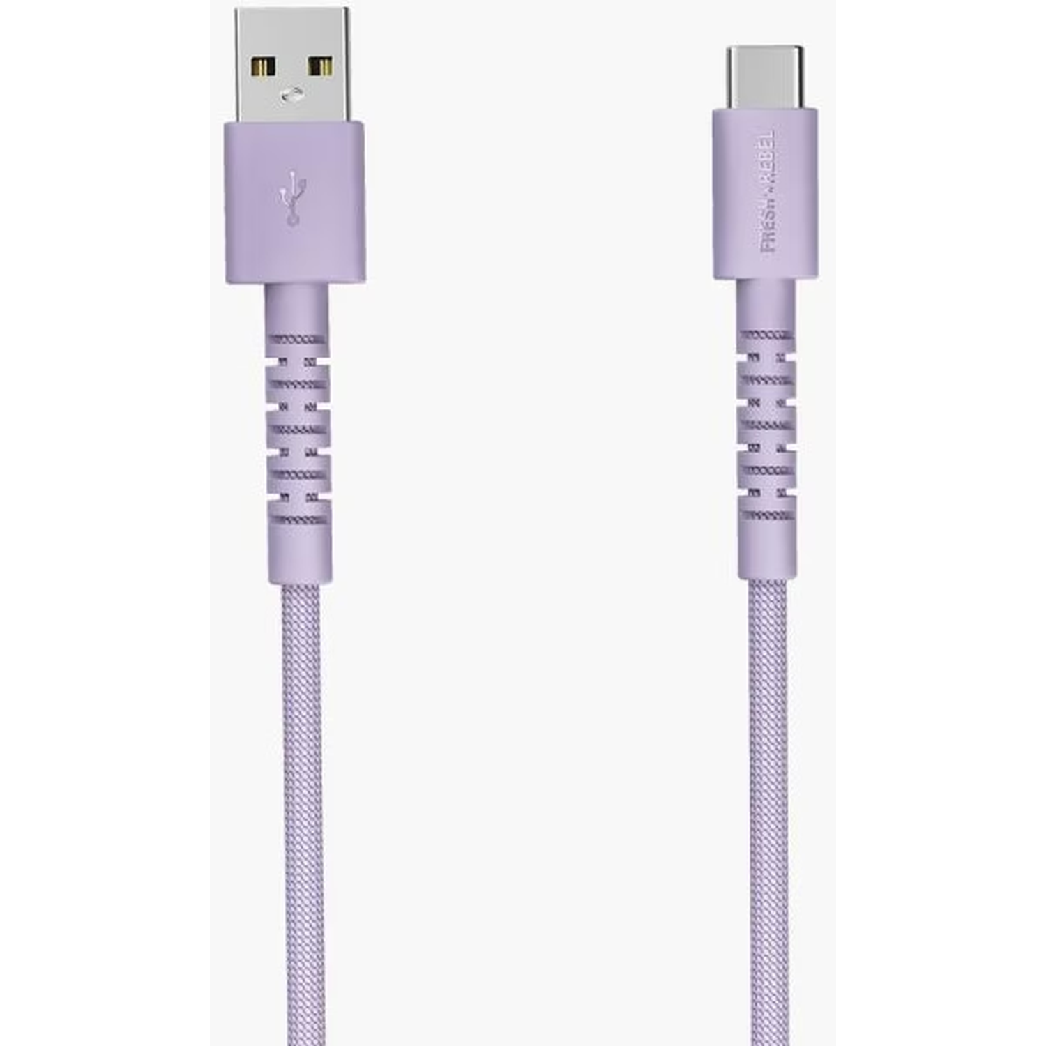 Deux câbles USB lavande. L'un a un connecteur USB-A, l'autre USB-C. Les deux câbles sont connectés à un câble tressé.