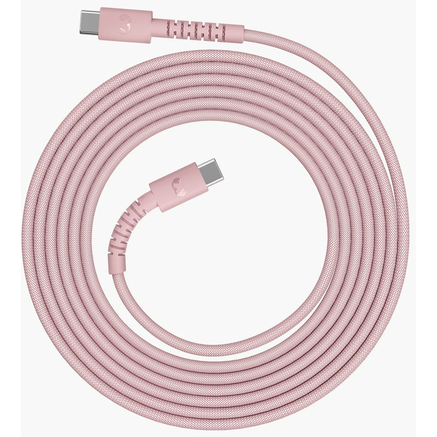 Een roze USB-C oplaadkabel opgerold in een cirkel. Connectoren zitten aan beide uiteinden. De kabel heeft een stofachtige textuur.