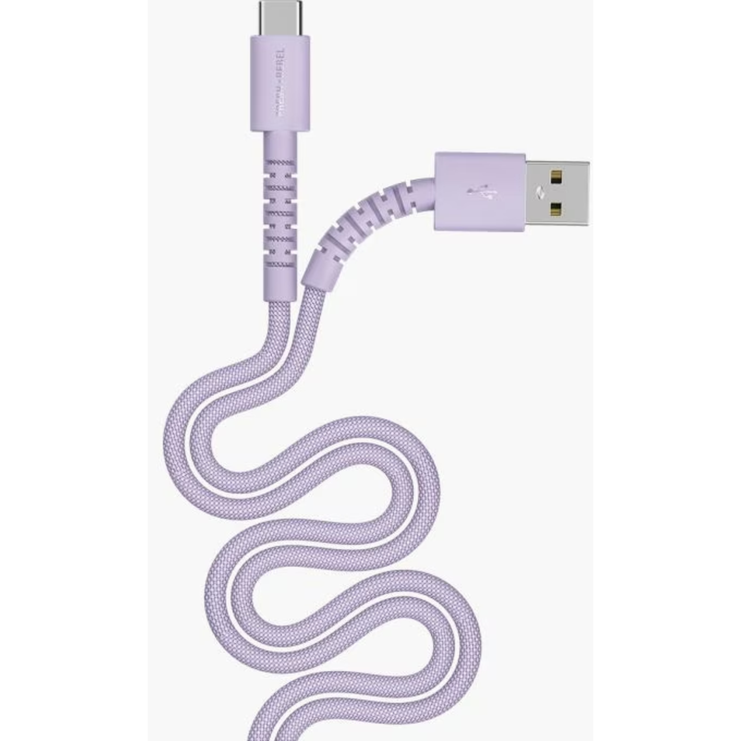 Un câble USB violet, enroulé en forme de vague. Il possède un connecteur USB-C et un connecteur USB-A. Le fond est blanc.