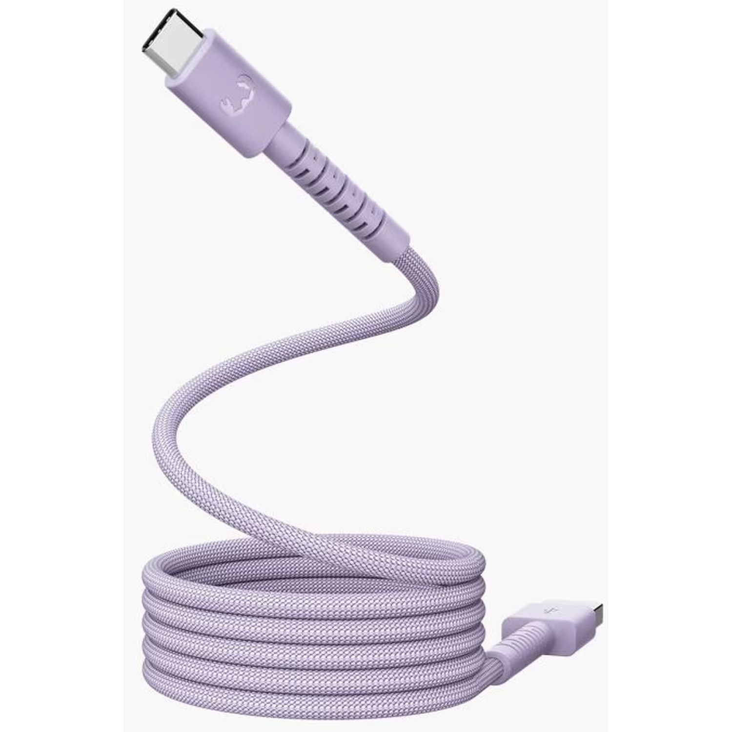Un câble de chargement USB-C enroulé, de couleur lavande. Le câble est disposé proprement sur fond blanc, avec des connecteurs à chaque extrémité.