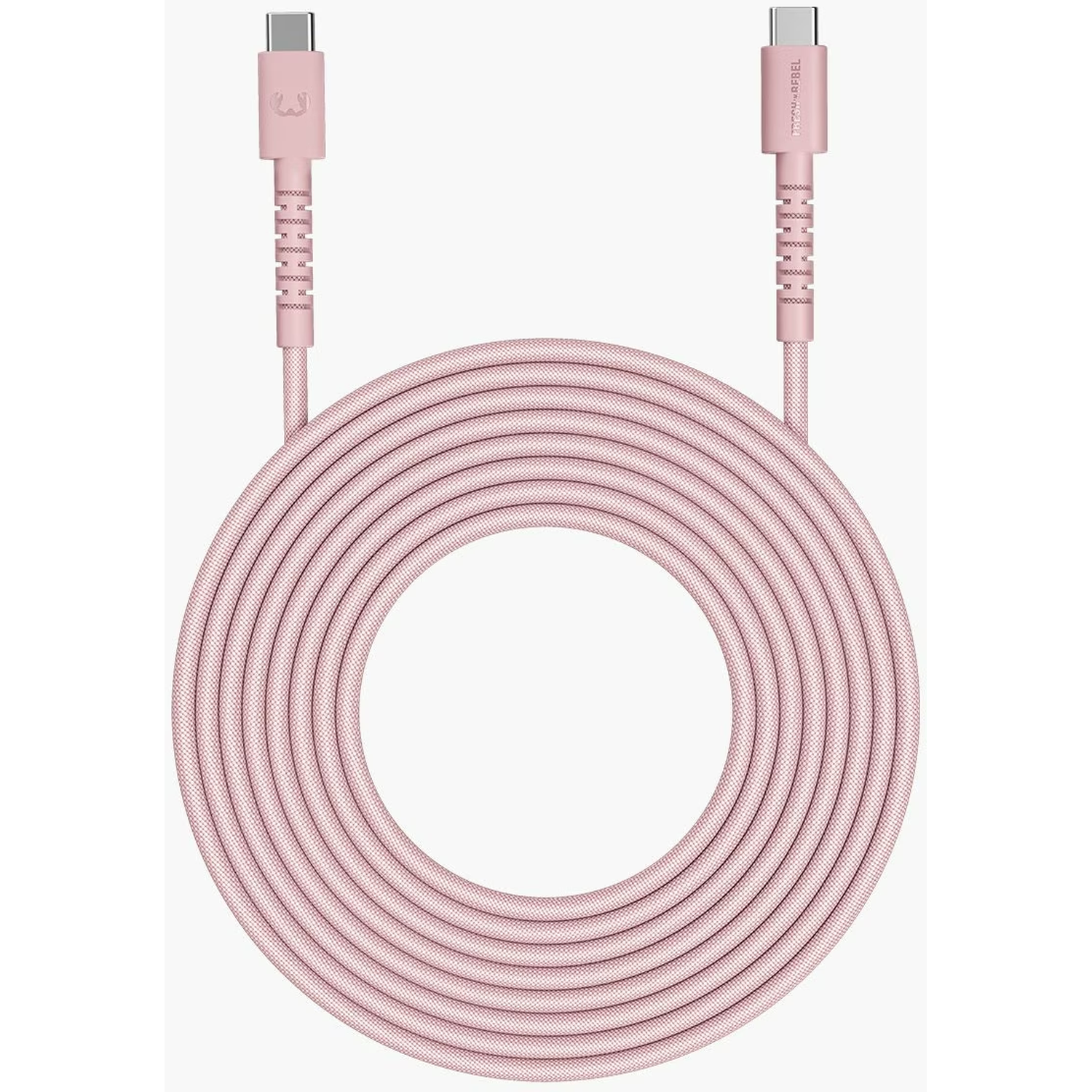 Een roze USB-C-kabel is opgerold. De kabel heeft twee uiteinden. De connectoren zijn metaal en de kabel is geweven.