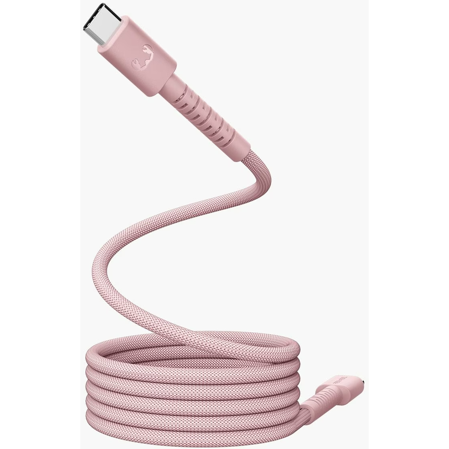 Een roze USB-C oplaadkabel opgerold aan de onderkant. De kabel is omhoog gericht met een USB-C connector bovenaan.