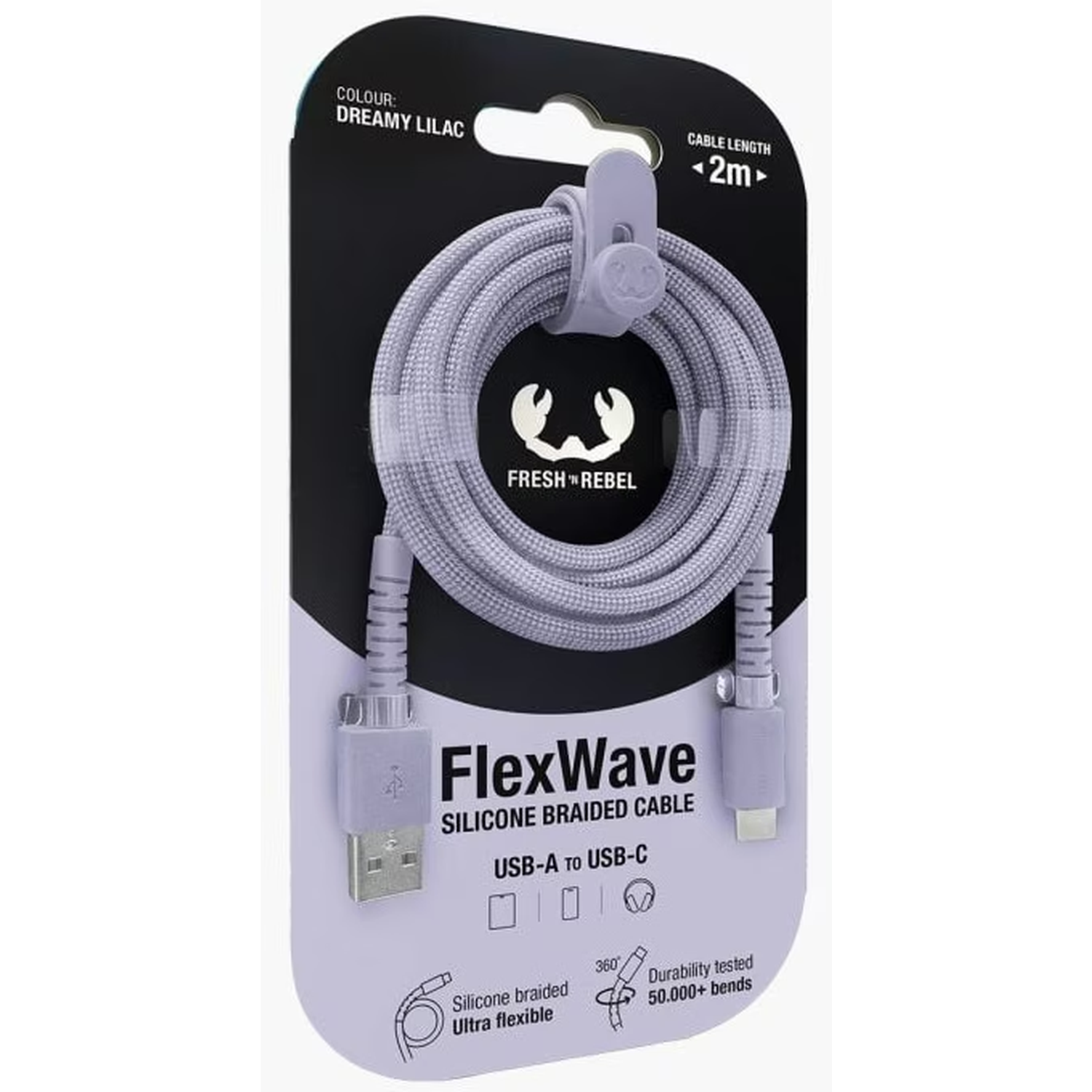 Un câble tressé USB-A vers USB-C Dreamy Lilac est présenté sur un emballage noir et blanc. Le câble mesure 2 m et provient de Fresh 'n Rebel.