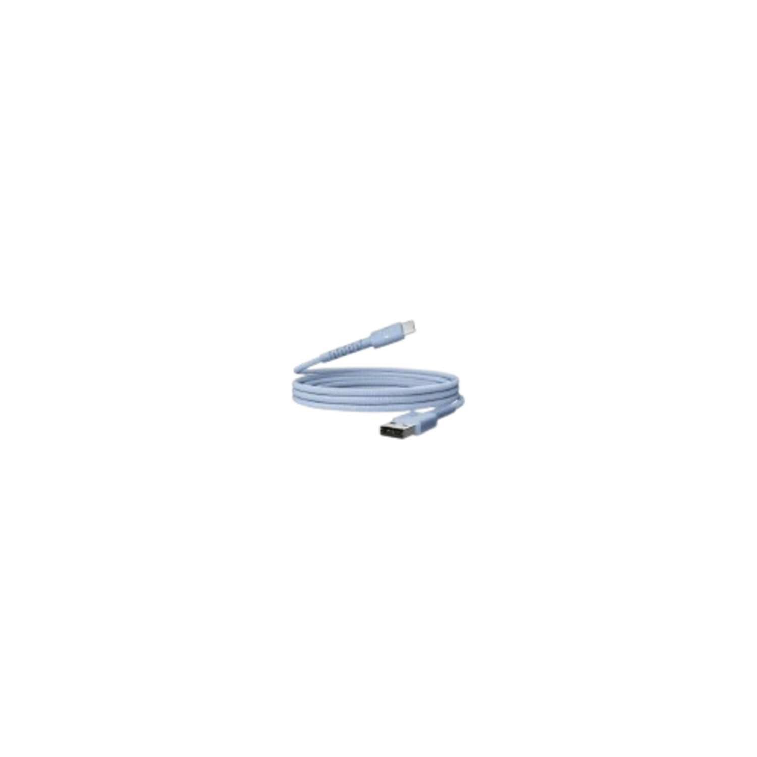 Un câble USB blanc est enroulé sur fond noir. Le câble a un connecteur USB-A à une extrémité.