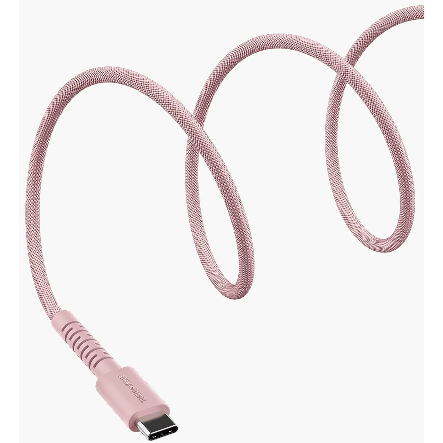 Roze USB-C-kabel, opgerold. Kabel is getextureerd. Connector is roze met merknaam. Witte achtergrond.