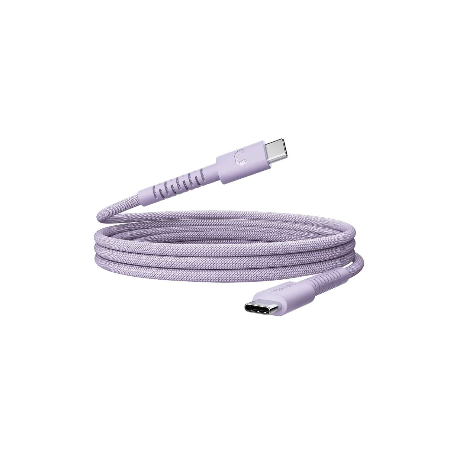 Een paarse USB-C-kabel op een zwarte achtergrond. De kabel is opgerold en heeft twee connectoren. De achtergrond is effen zwart.