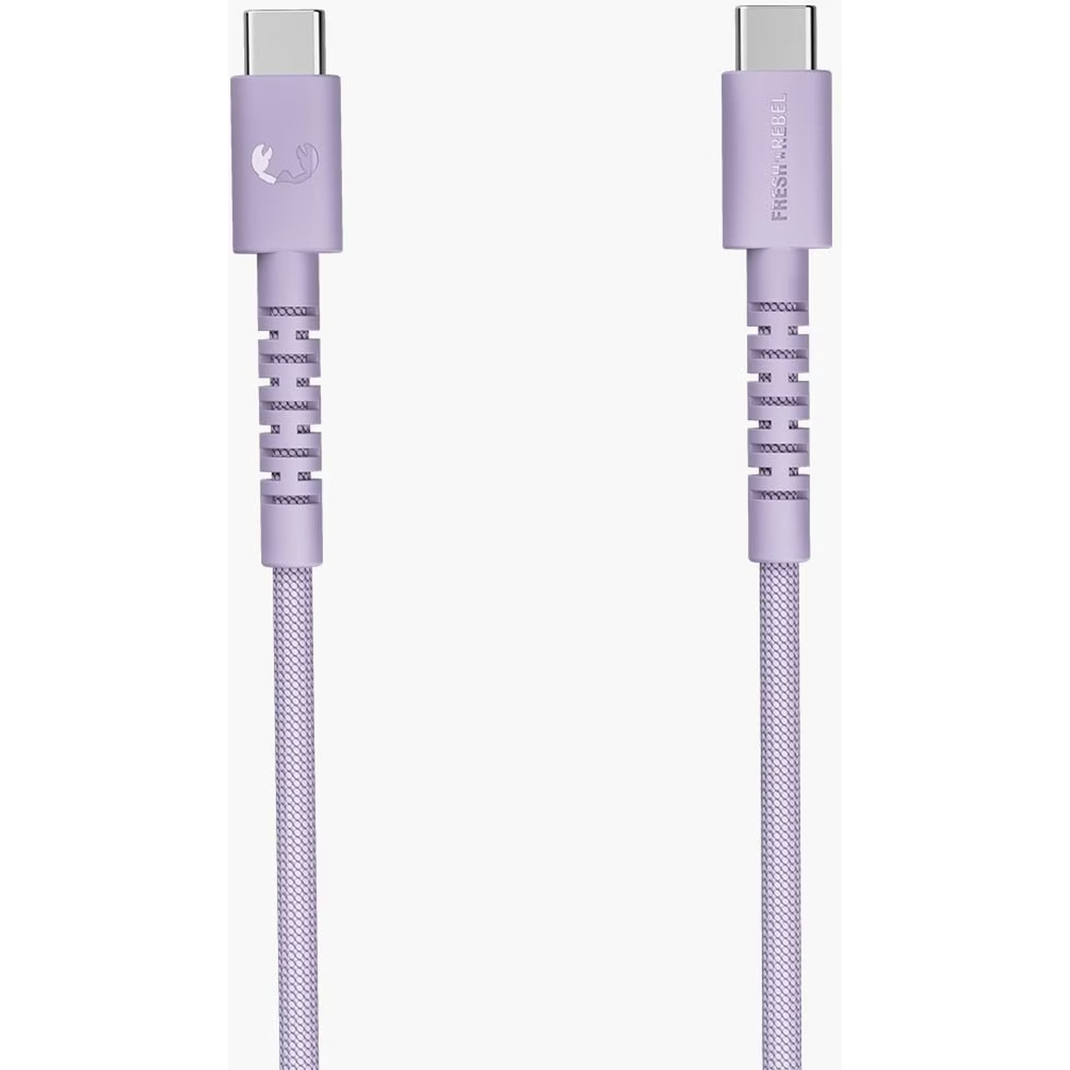 Twee lavendelkleurige USB-C-kabels. Eén heeft een logo en de andere de tekst FRESH 'REBEL. Beide hebben zilveren connectoren en getextureerde kabels.