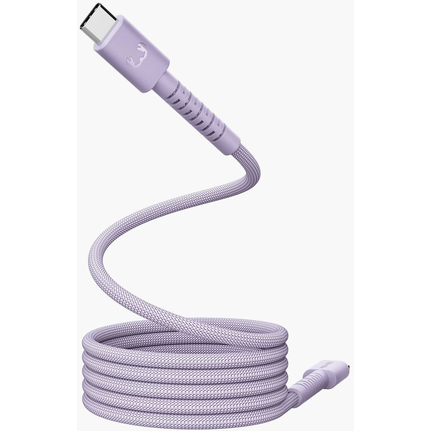 Een lavendelkleurige USB-C-kabel is opgerold. Eén uiteinde toont de USB-C-connector, de andere een kleinere connector. Witte achtergrond.