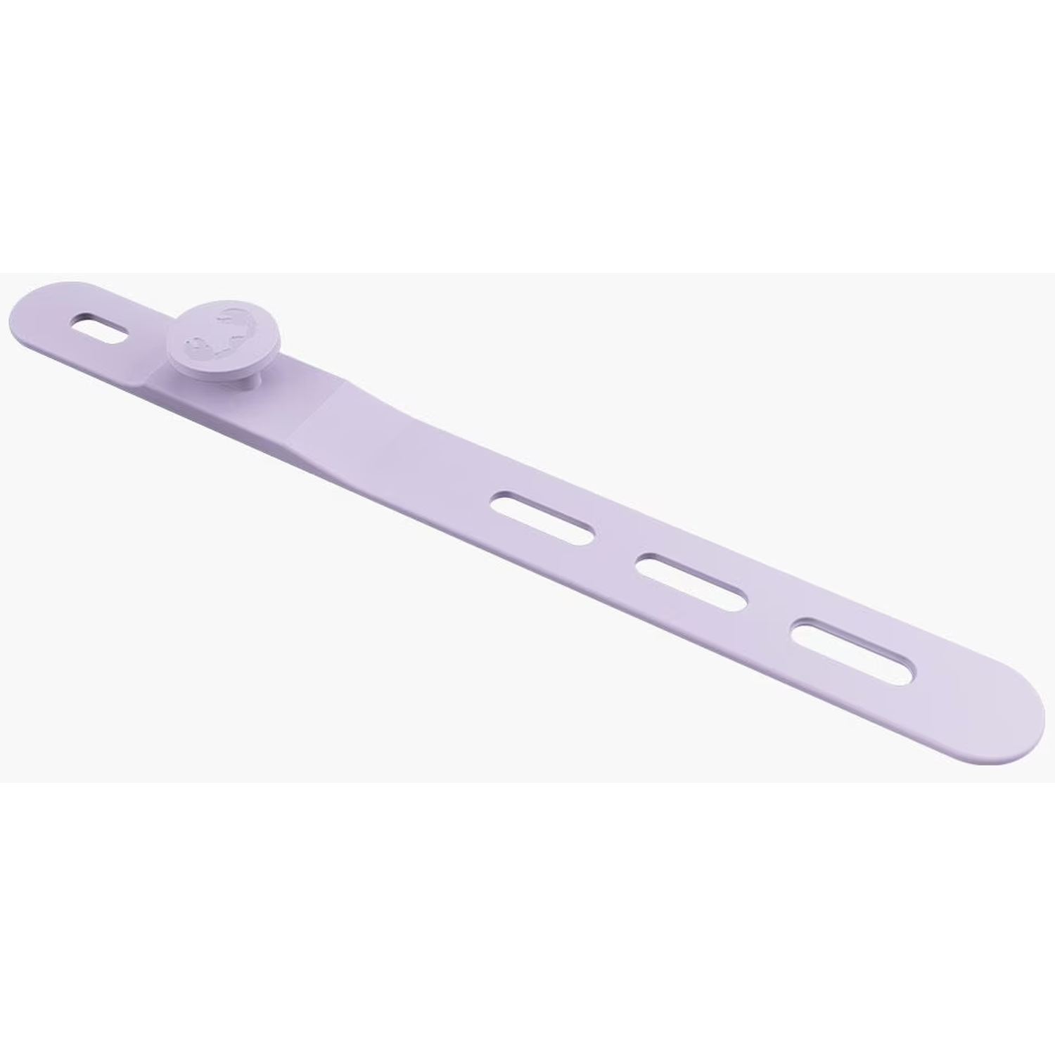 Een lichtpaars plastic apparaat. Het heeft een ovale vorm met drie uitgesneden gaten en een ronde knop.