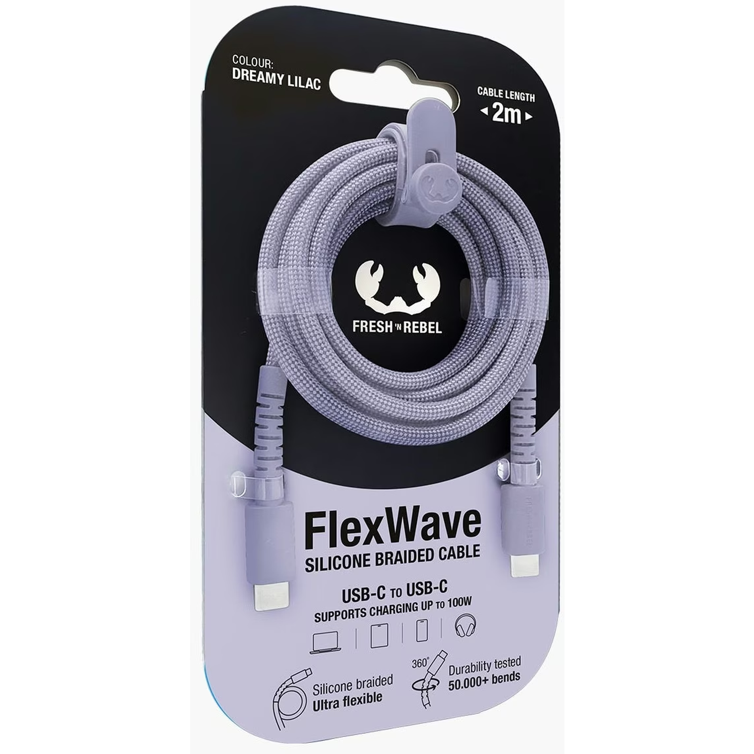 Een Dreamy Lilac FlexWave USB-C naar USB-C gevlochten kabel, 2m lang, in een verpakking. Kenmerken zijn siliconen vlechtwerk en duurzaamheid van meer dan 50.000 buigingen.