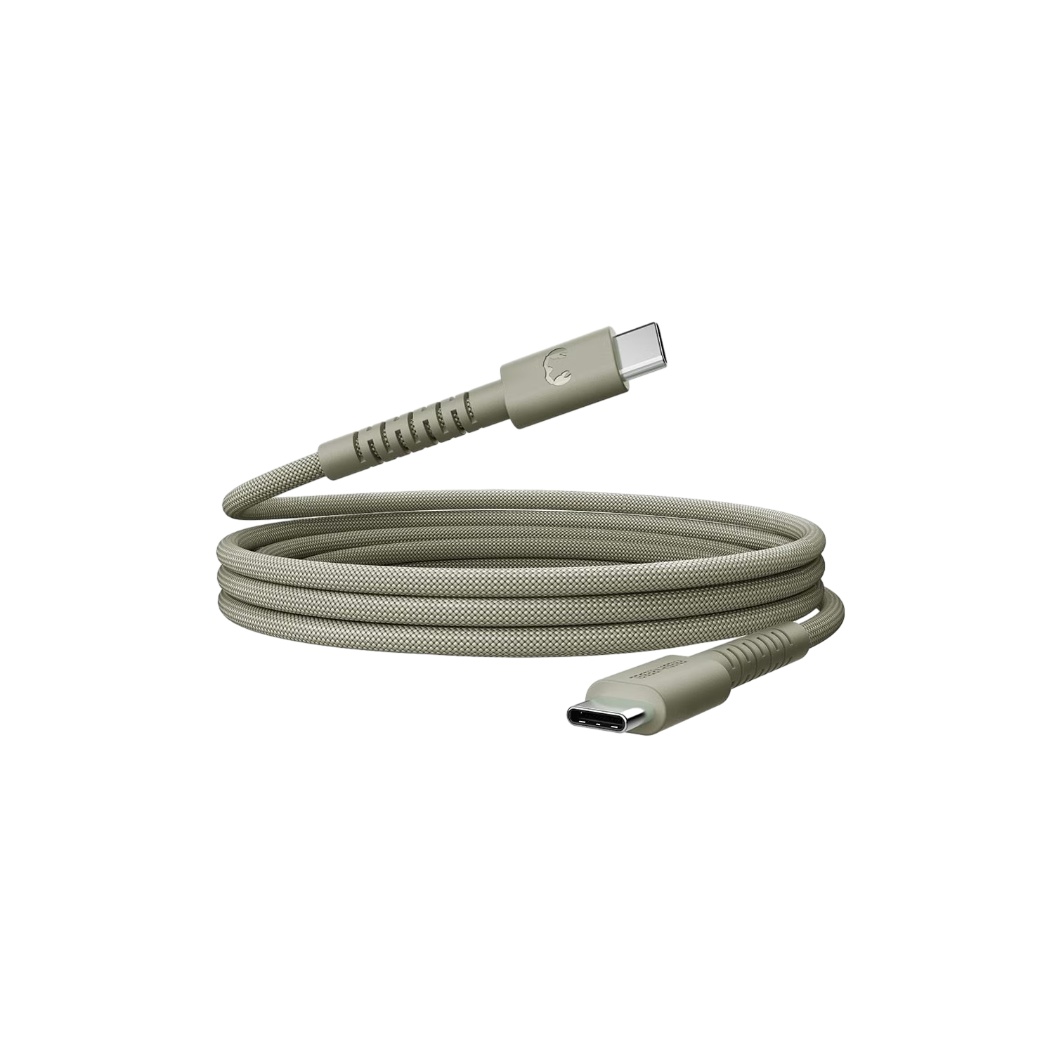 Een beige USB-C-kabel op een zwarte achtergrond. De kabel is opgerold. De connectoren hebben een afgerond ontwerp. De kabel is getextureerd.