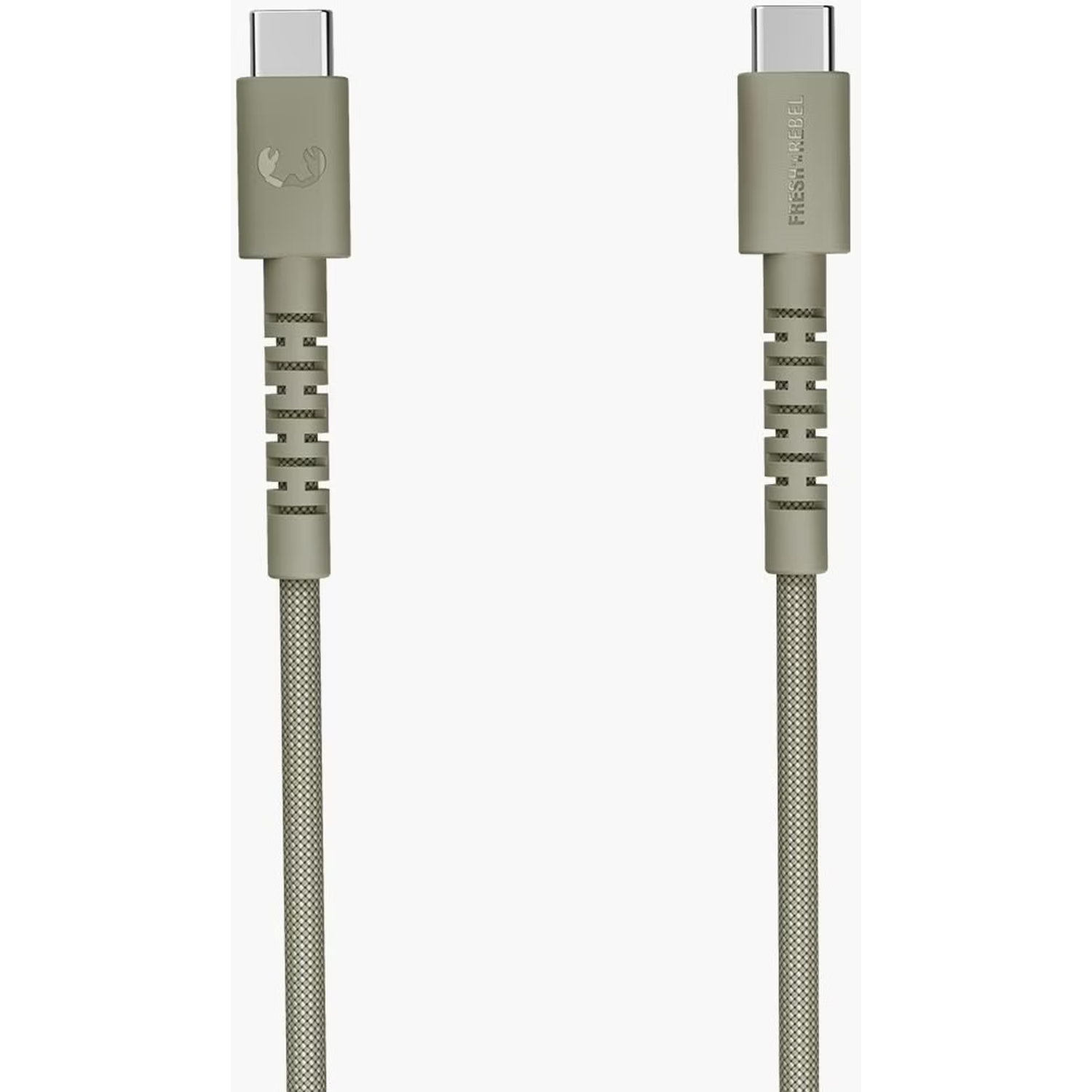 Twee grijze USB-C-kabels. Eén met een logo, de andere met de tekst 'FRESH REBEL'.
