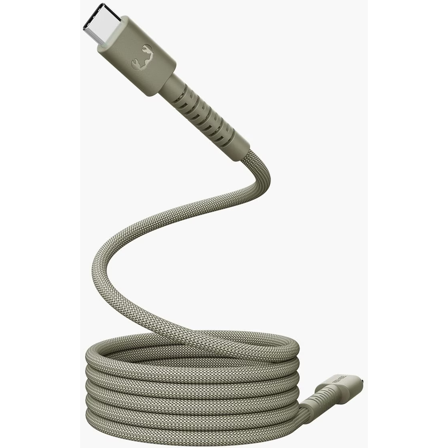 Een beige USB-C-oplaadkabel, opgerold aan de onderkant. Het heeft een geweven textuur en een gladde, stevige connector.