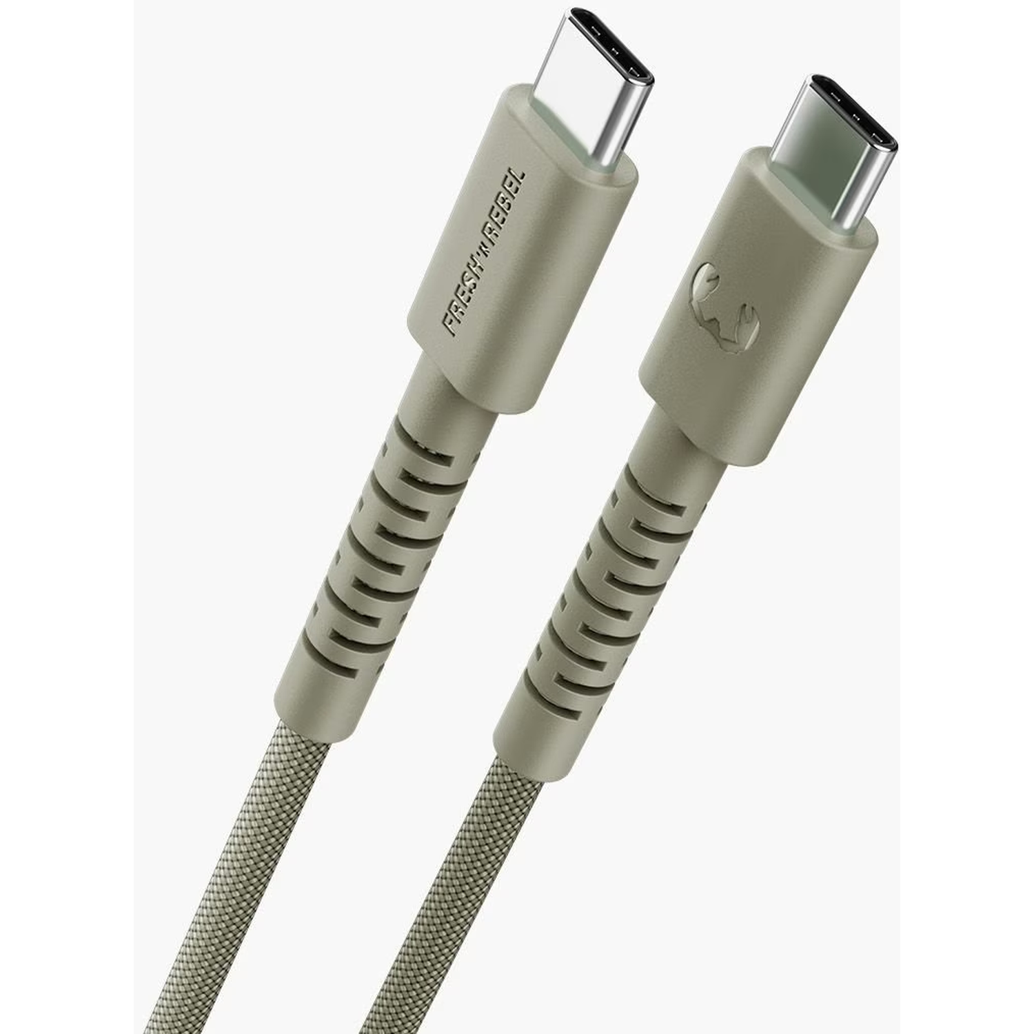 Twee grijze USB-C kabels. Eén heeft 'FRESH'n REBEL'. Beide hebben zilveren connectoren en gevlochten kabels.