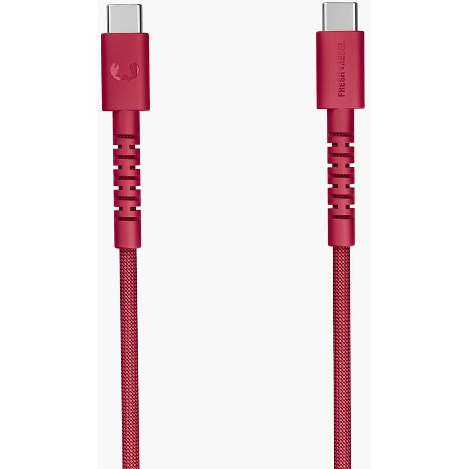 Twee rode USB-C-kabels. Elke kabel heeft een metalen connector bovenaan en een rode gevlochten kabel.