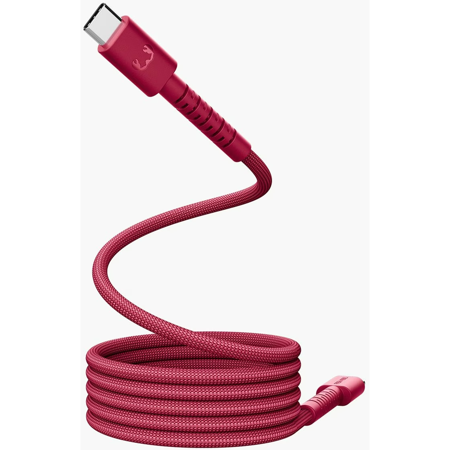 Een rode USB-C oplaadkabel met een gevlochten snoer is opgerold. Het USB-C-uiteinde zit bovenaan, de andere onderaan.