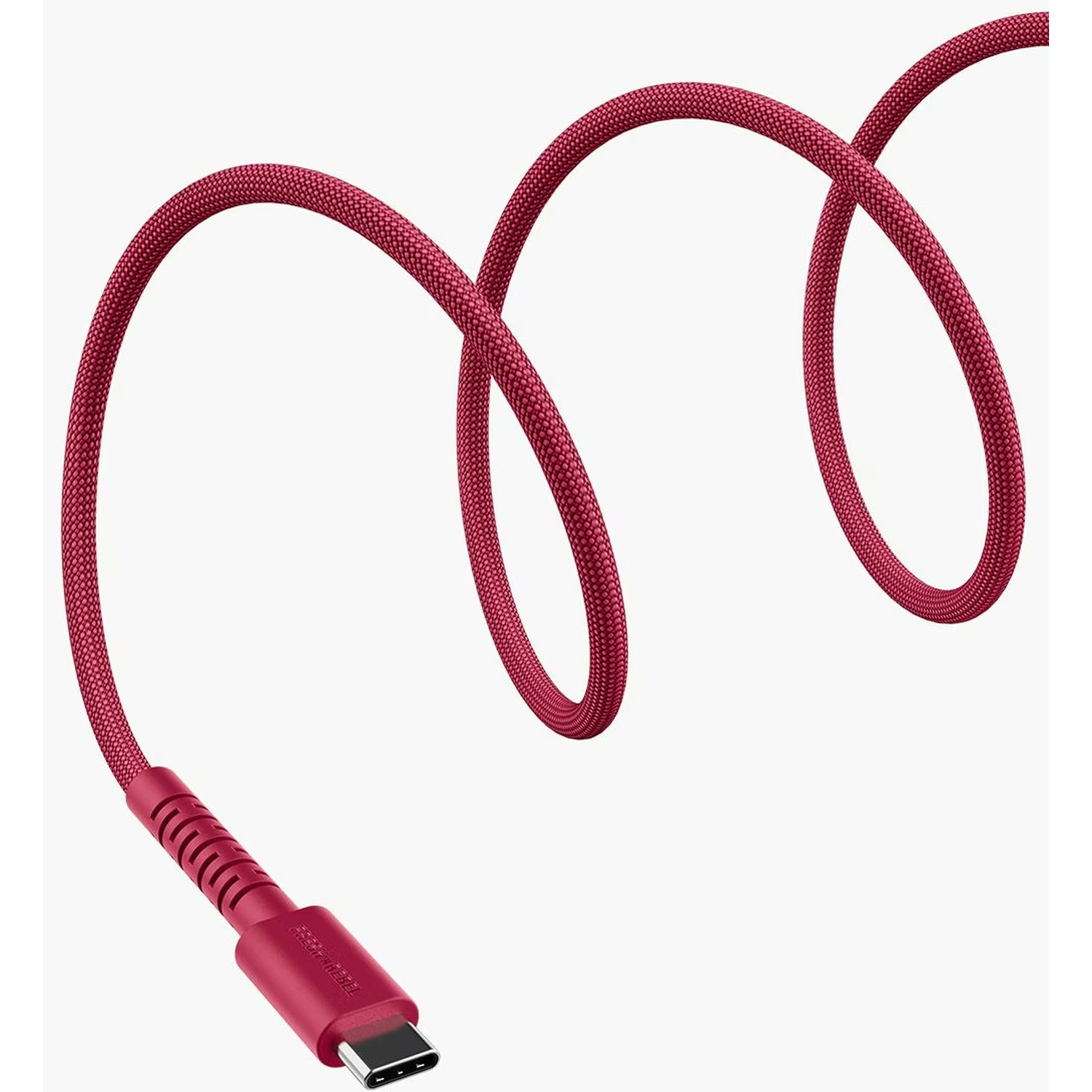 Een rode USB-C-kabel in een lusontwerp. De kabel is getextureerd, met een connector aan één uiteinde. De achtergrond is wit.