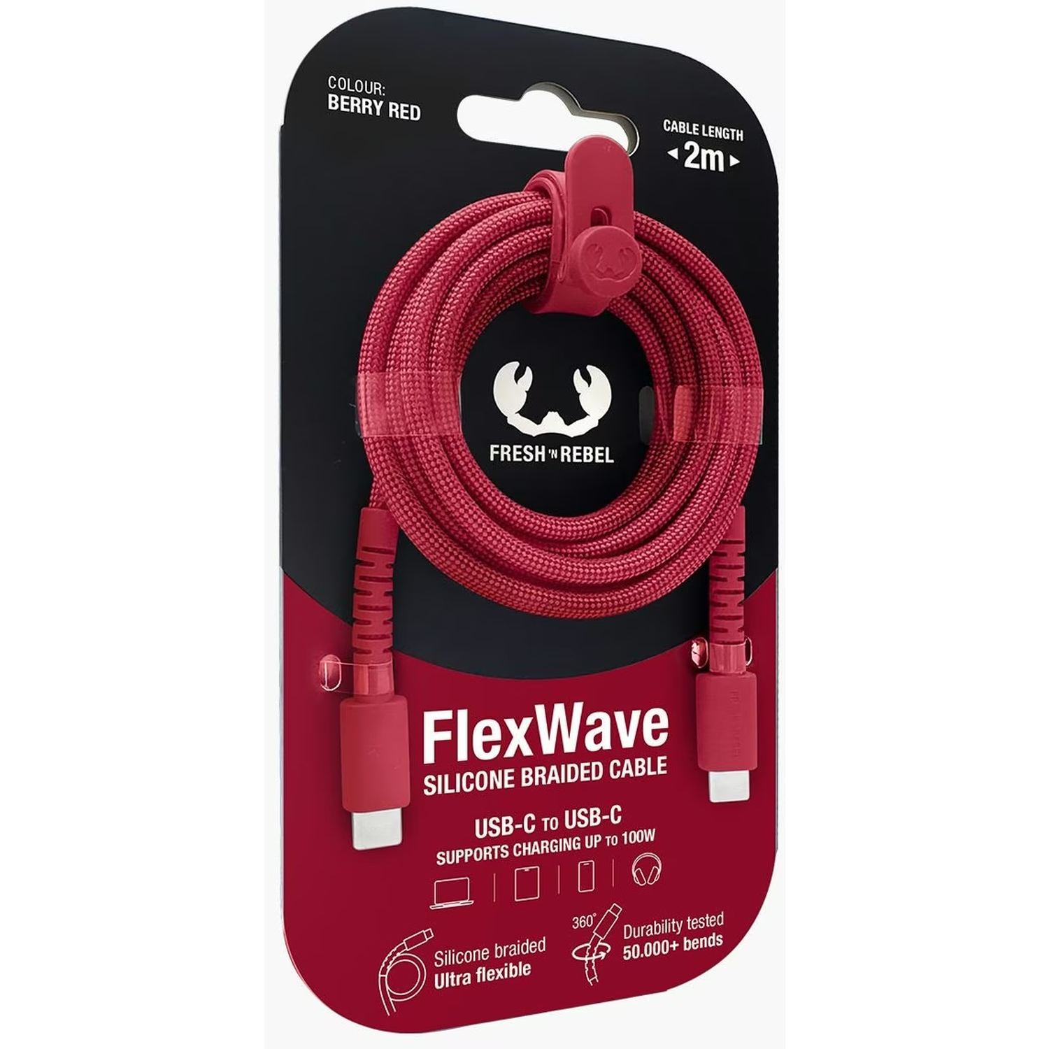 Bessenrode USB-C-kabel, opgerold op een zwart-rode verpakking. Kenmerken zijn 'FlexWave' en 'Siliconen gevlochten kabel'.